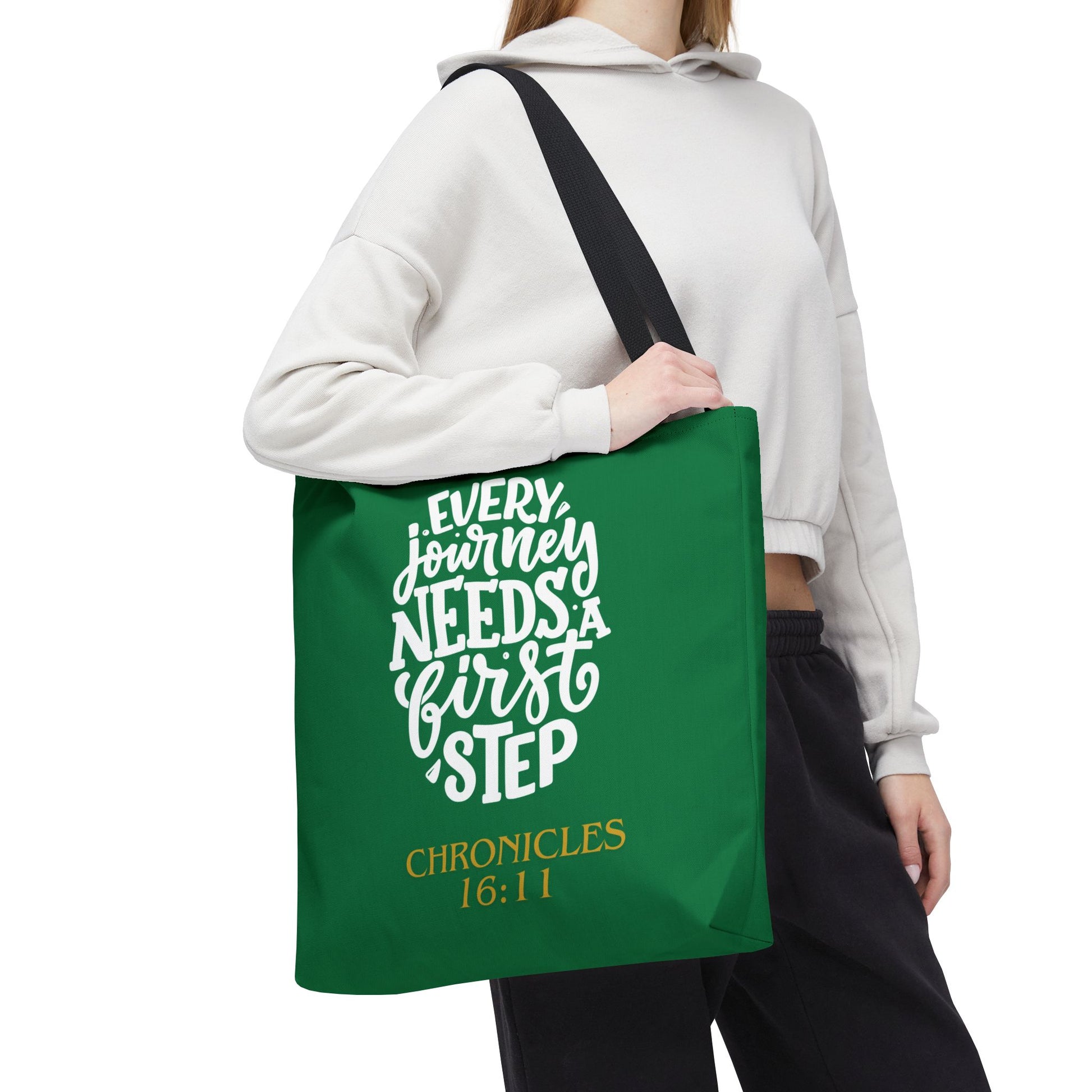 Inspirational Tote Bag - Every Journey Needs a First Step, Motivational Gift, Bible Verse, Green Tote, Everyday Use