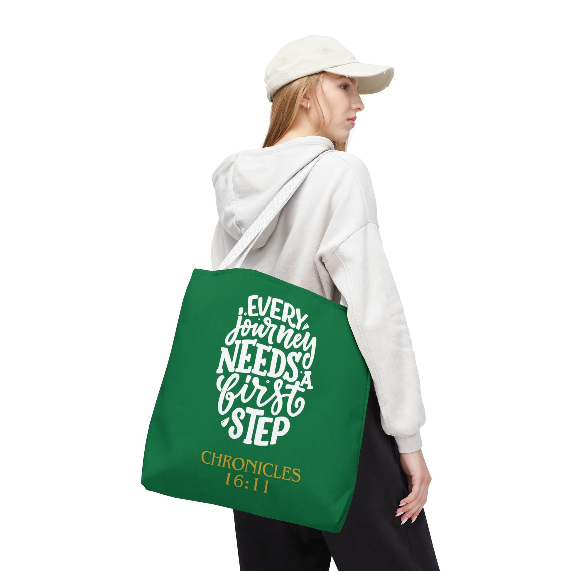 Inspirational Tote Bag - Every Journey Needs a First Step, Motivational Gift, Bible Verse, Green Tote, Everyday Use