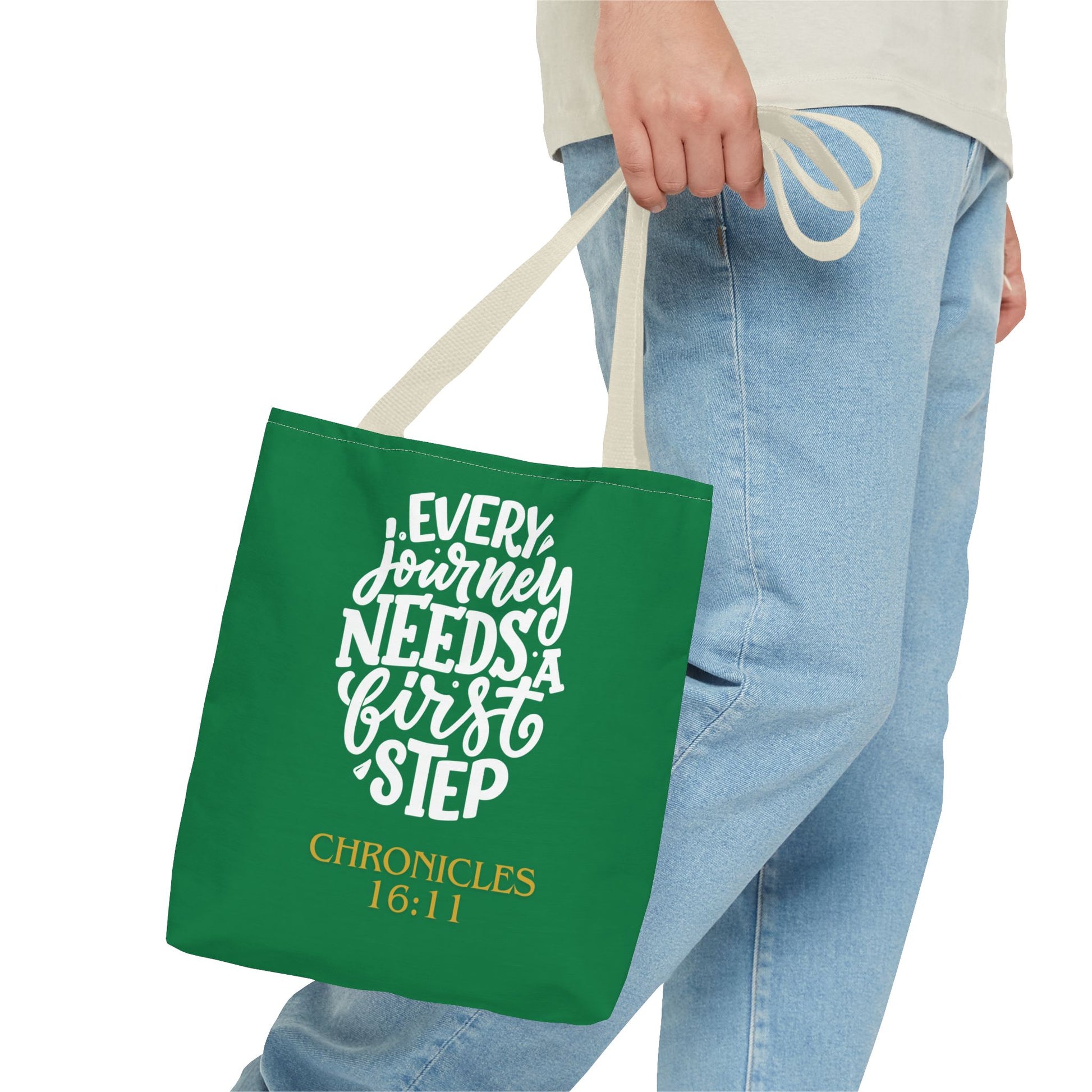 Inspirational Tote Bag - Every Journey Needs a First Step, Motivational Gift, Bible Verse, Green Tote, Everyday Use