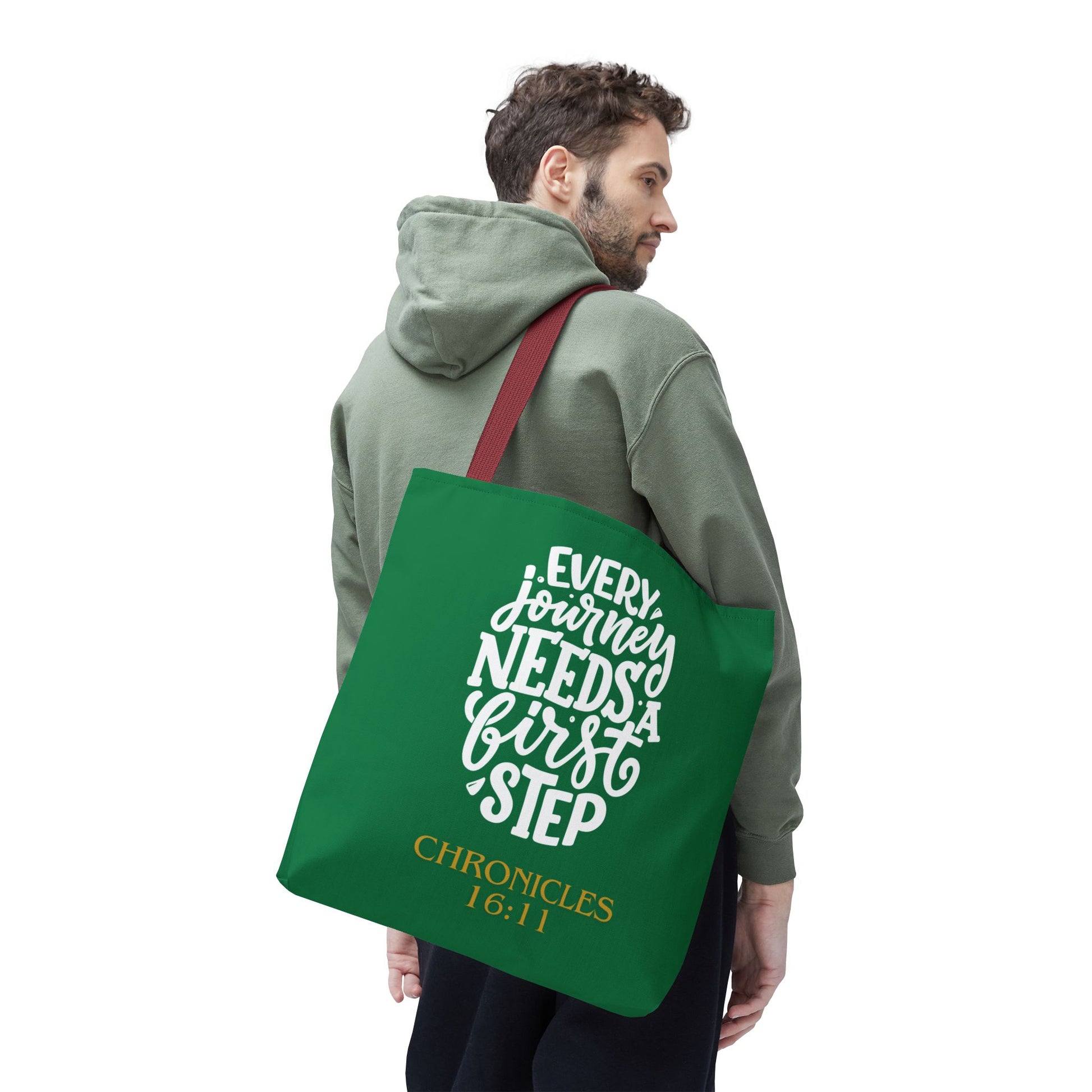 Inspirational Tote Bag - Every Journey Needs a First Step, Motivational Gift, Bible Verse, Green Tote, Everyday Use