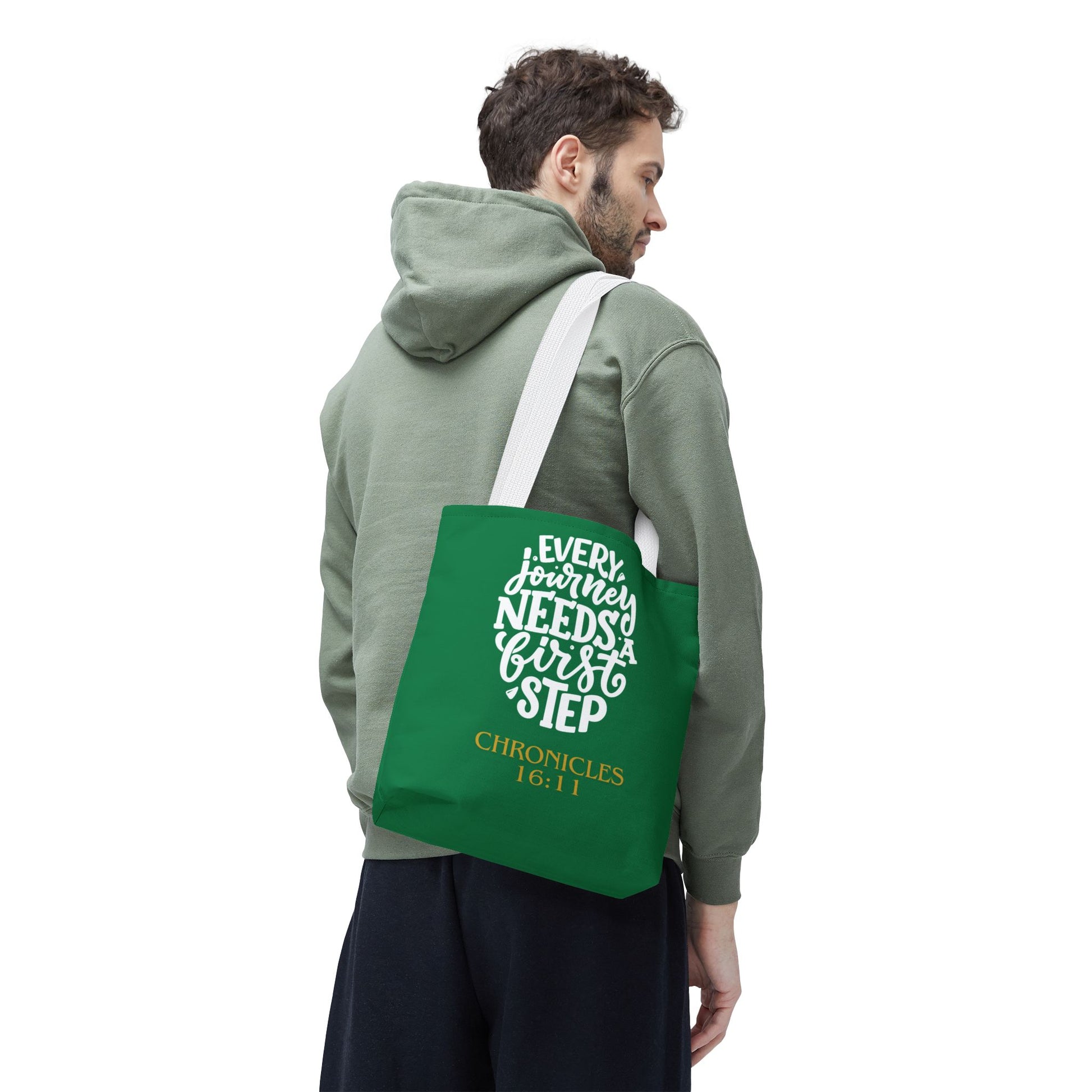 Inspirational Tote Bag - Every Journey Needs a First Step, Motivational Gift, Bible Verse, Green Tote, Everyday Use