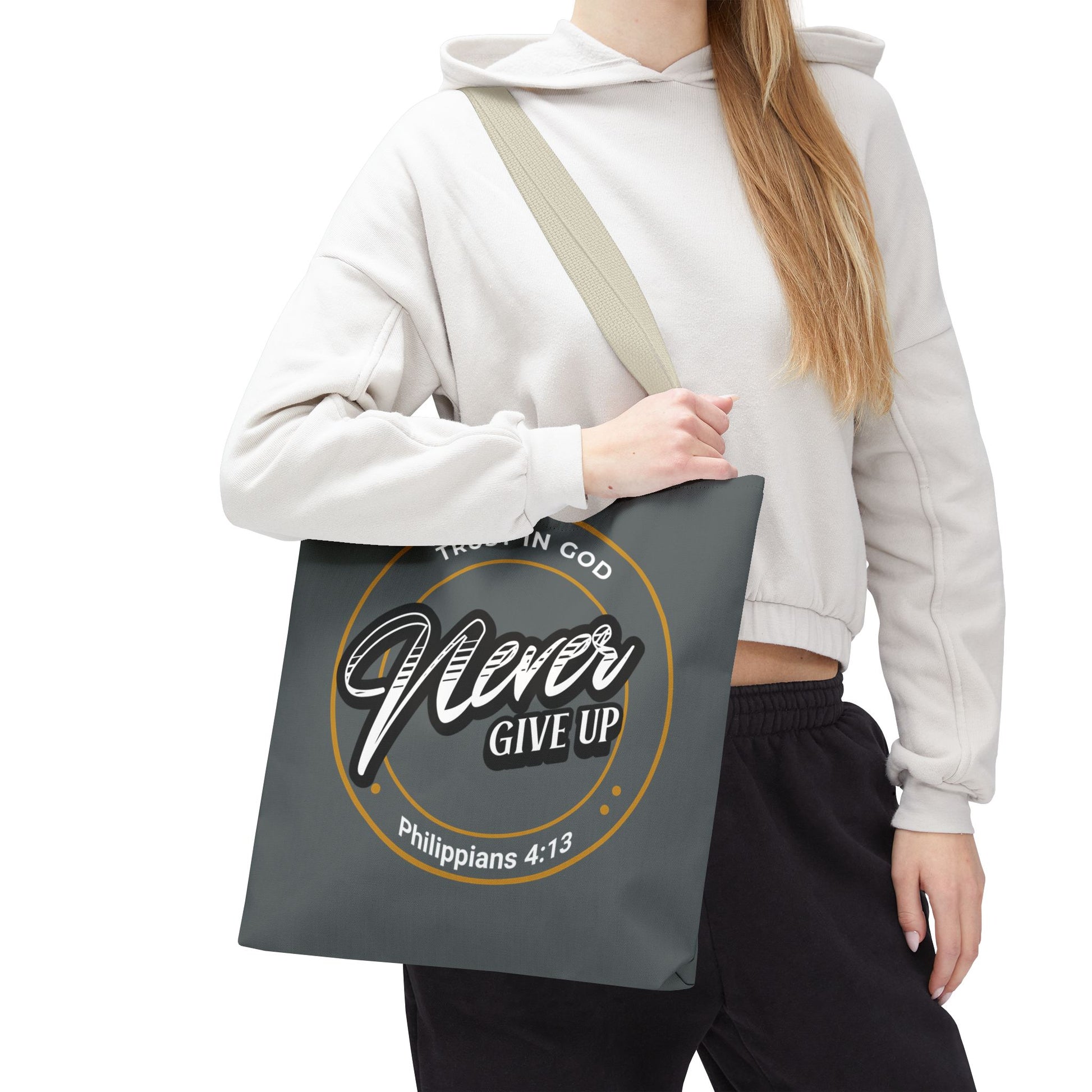Inspirational Tote Bag, Trust in God, Never Give Up, Bible Verse Bag, Motivational Purse, Christian Gift, Philippians 4:13