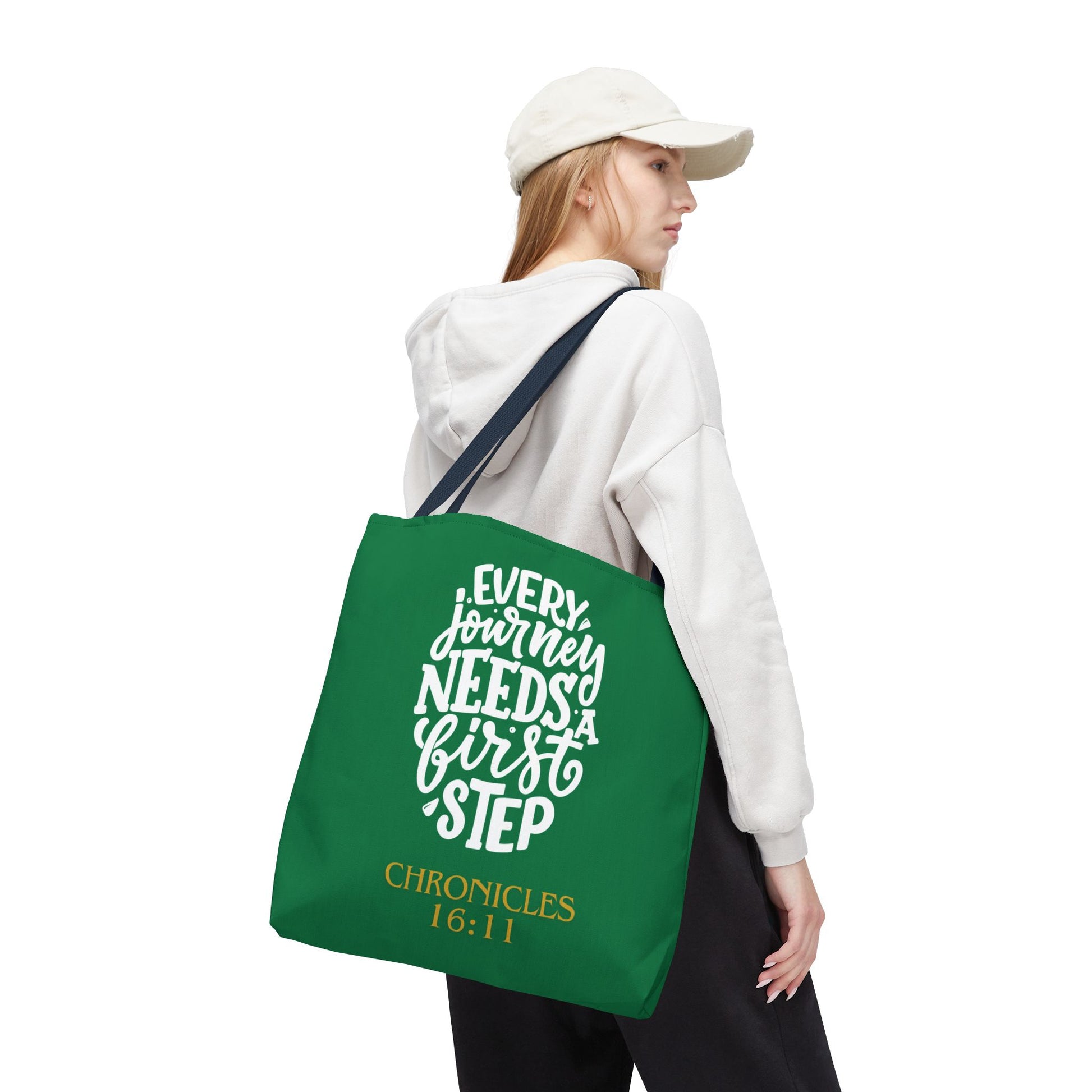 Inspirational Tote Bag - Every Journey Needs a First Step, Motivational Gift, Bible Verse, Green Tote, Everyday Use