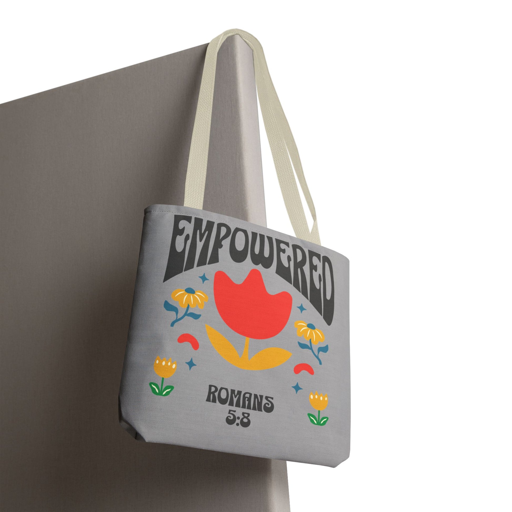 Empowered Floral Tote Bag | Inspirational Canvas Bag for Everyday | Romans 5:8 | Gift for Women, Motivational, Church, Travel