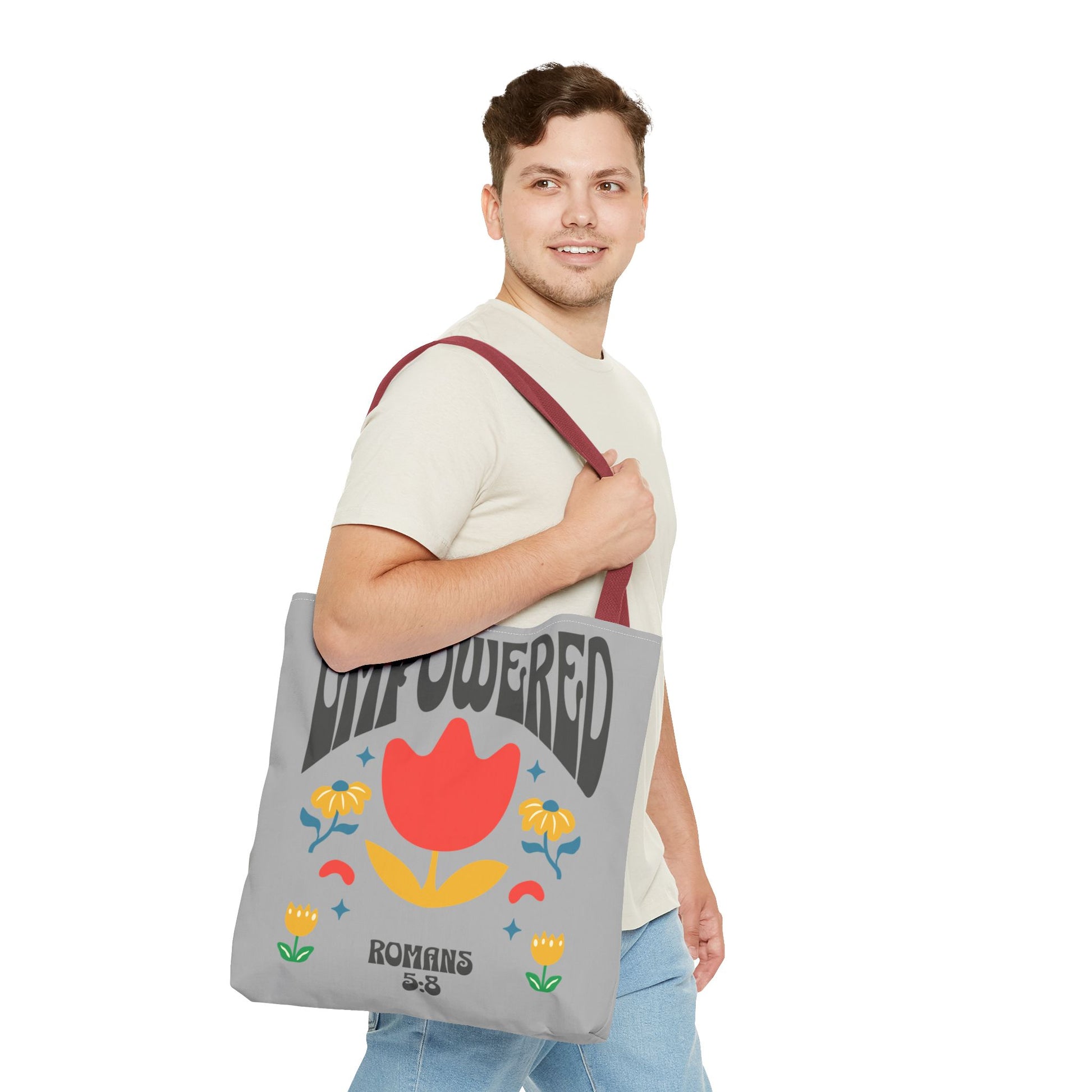 Empowered Floral Tote Bag | Inspirational Canvas Bag for Everyday | Romans 5:8 | Gift for Women, Motivational, Church, Travel