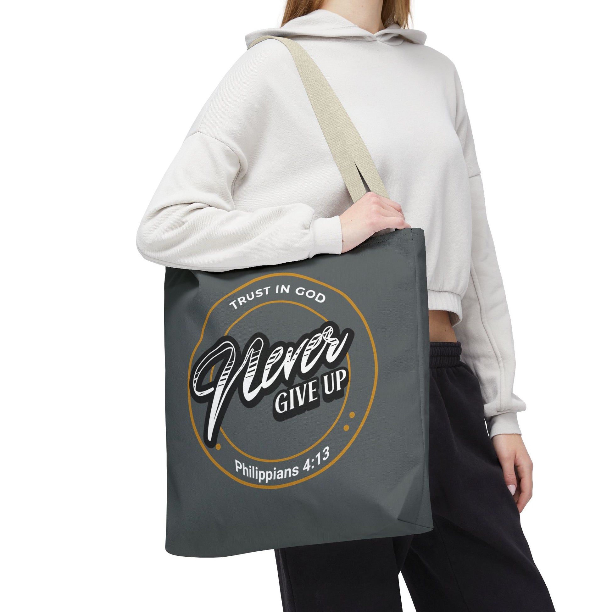 Inspirational Tote Bag, Trust in God, Never Give Up, Bible Verse Bag, Motivational Purse, Christian Gift, Philippians 4:13
