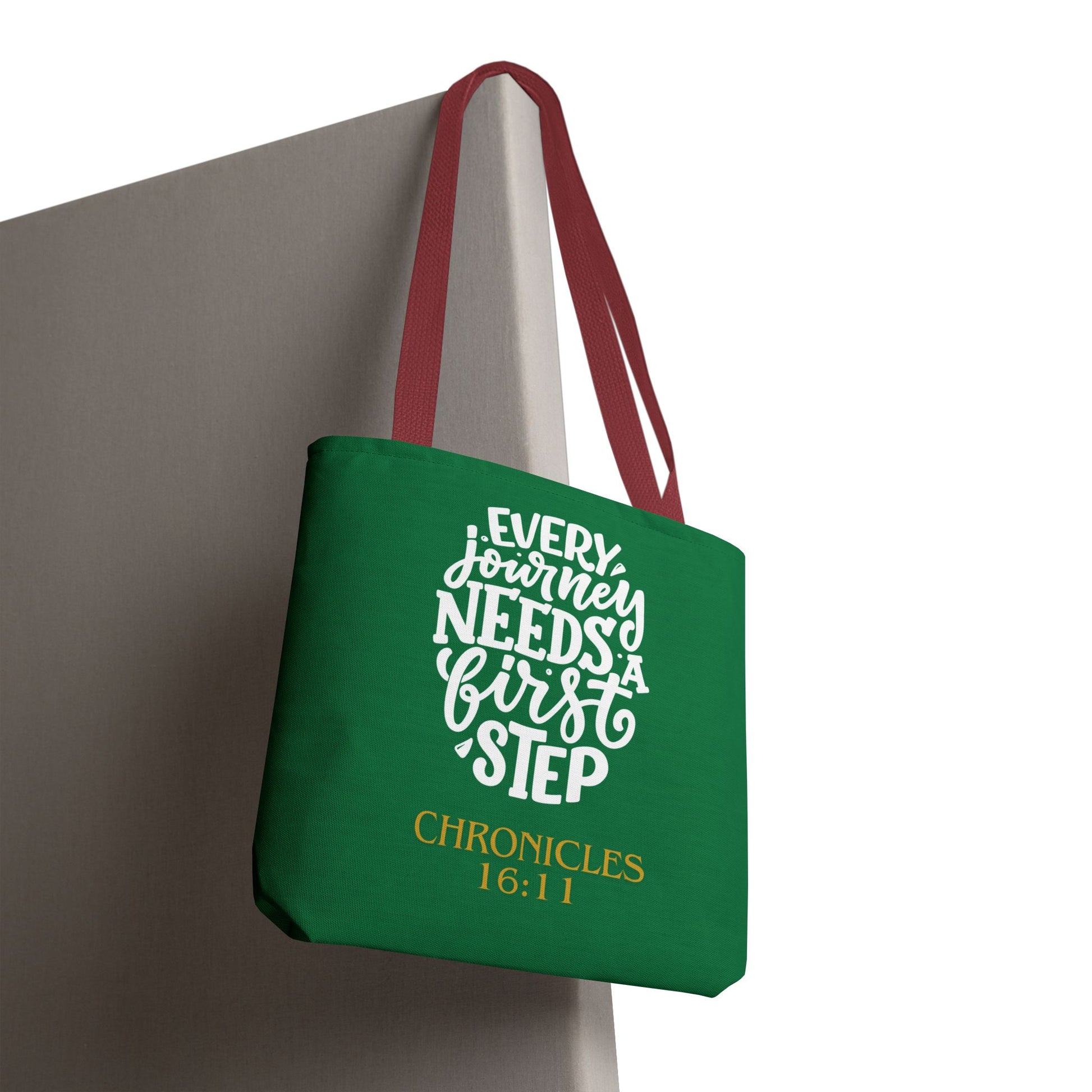 Inspirational Tote Bag - Every Journey Needs a First Step, Motivational Gift, Bible Verse, Green Tote, Everyday Use