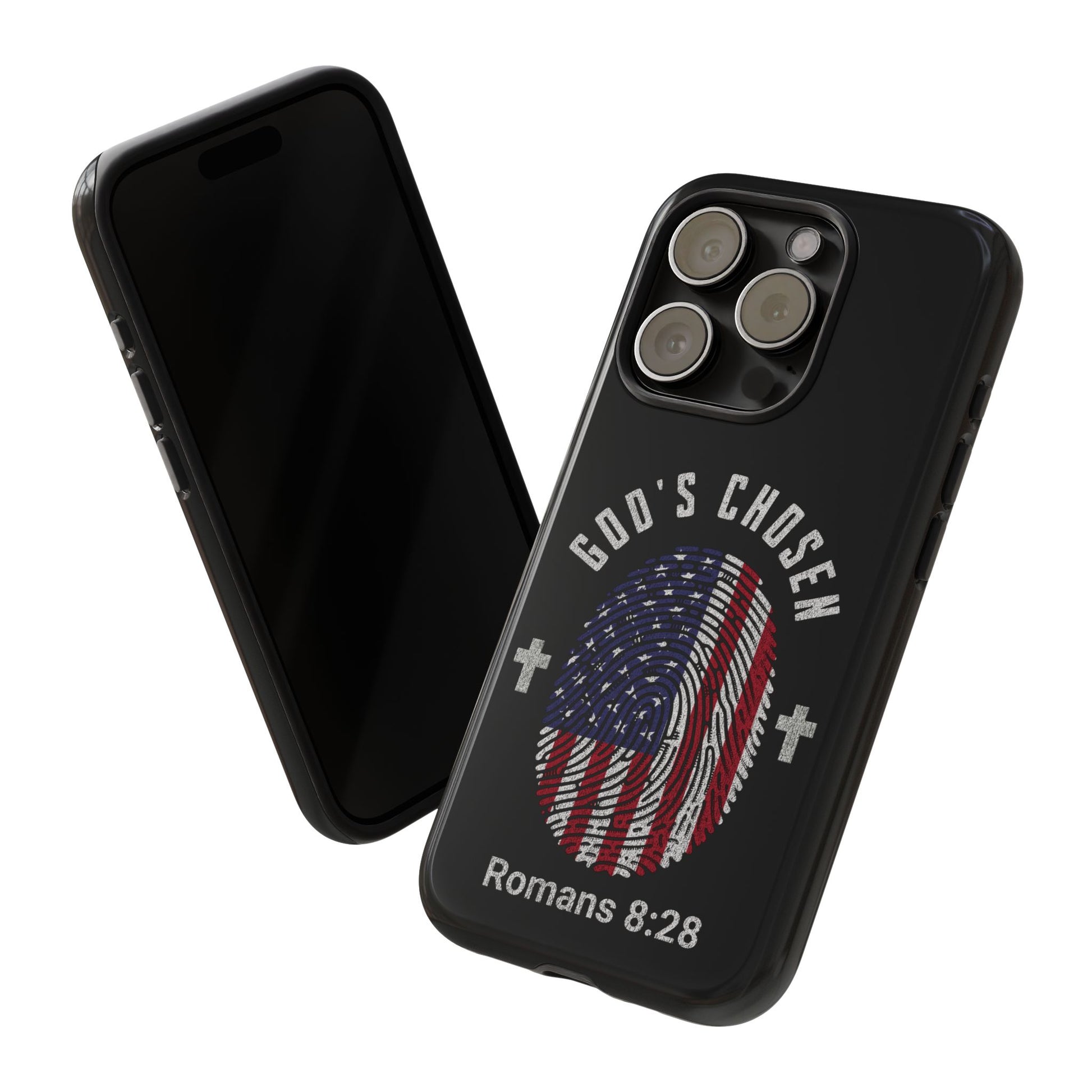 Christian Phone Case, Tough Cases for God’s Chosen, USA Flag Design, Inspirational Gift, Romans 8:28