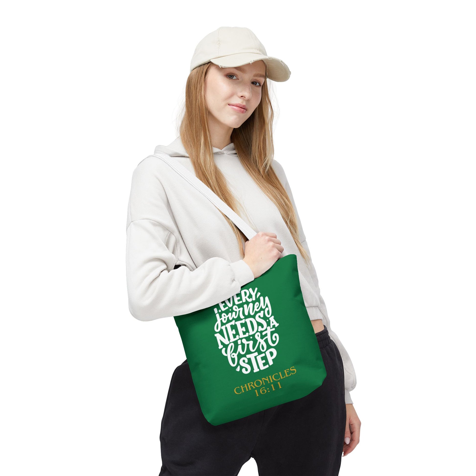 Inspirational Tote Bag - Every Journey Needs a First Step, Motivational Gift, Bible Verse, Green Tote, Everyday Use