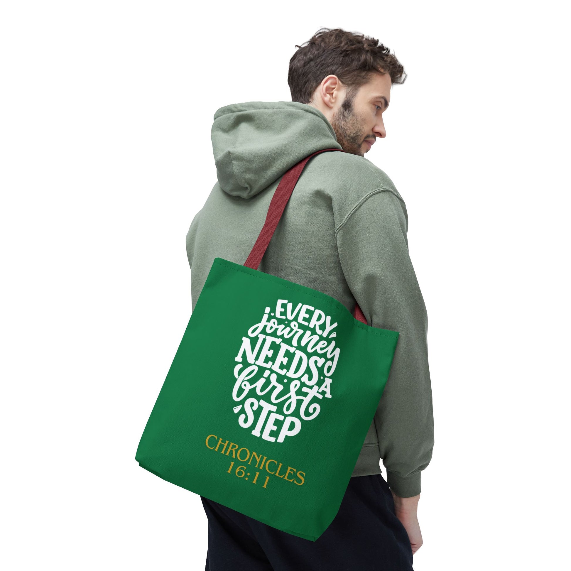 Inspirational Tote Bag - Every Journey Needs a First Step, Motivational Gift, Bible Verse, Green Tote, Everyday Use