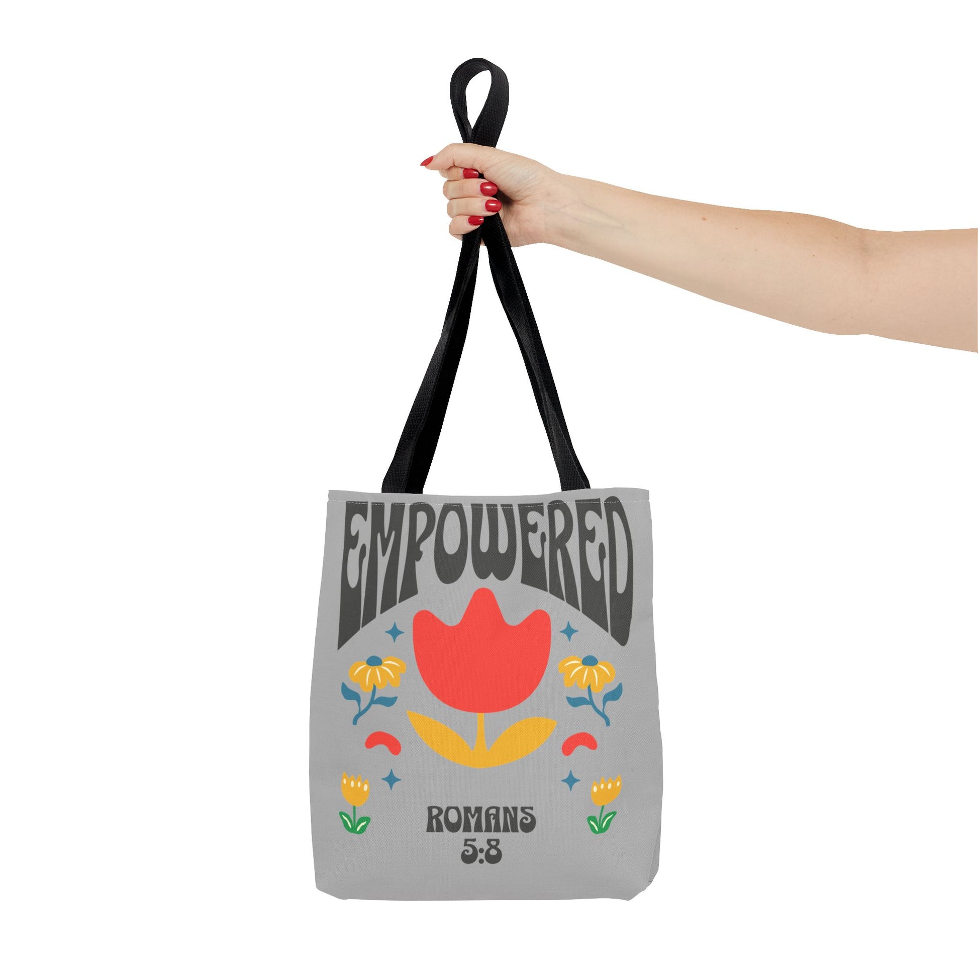 Empowered Floral Tote Bag | Inspirational Canvas Bag for Everyday | Romans 5:8 | Gift for Women, Motivational, Church, Travel
