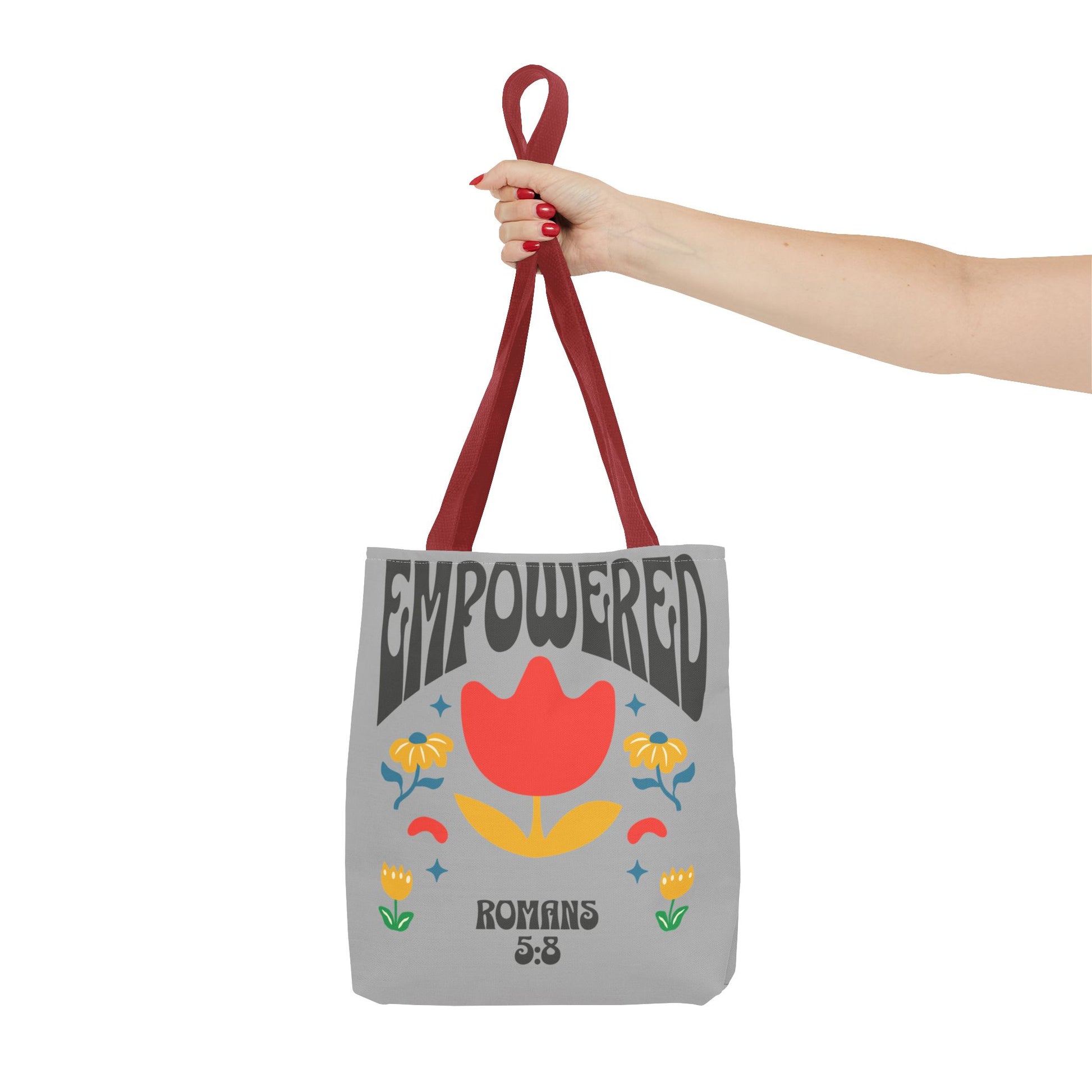 Empowered Floral Tote Bag | Inspirational Canvas Bag for Everyday | Romans 5:8 | Gift for Women, Motivational, Church, Travel