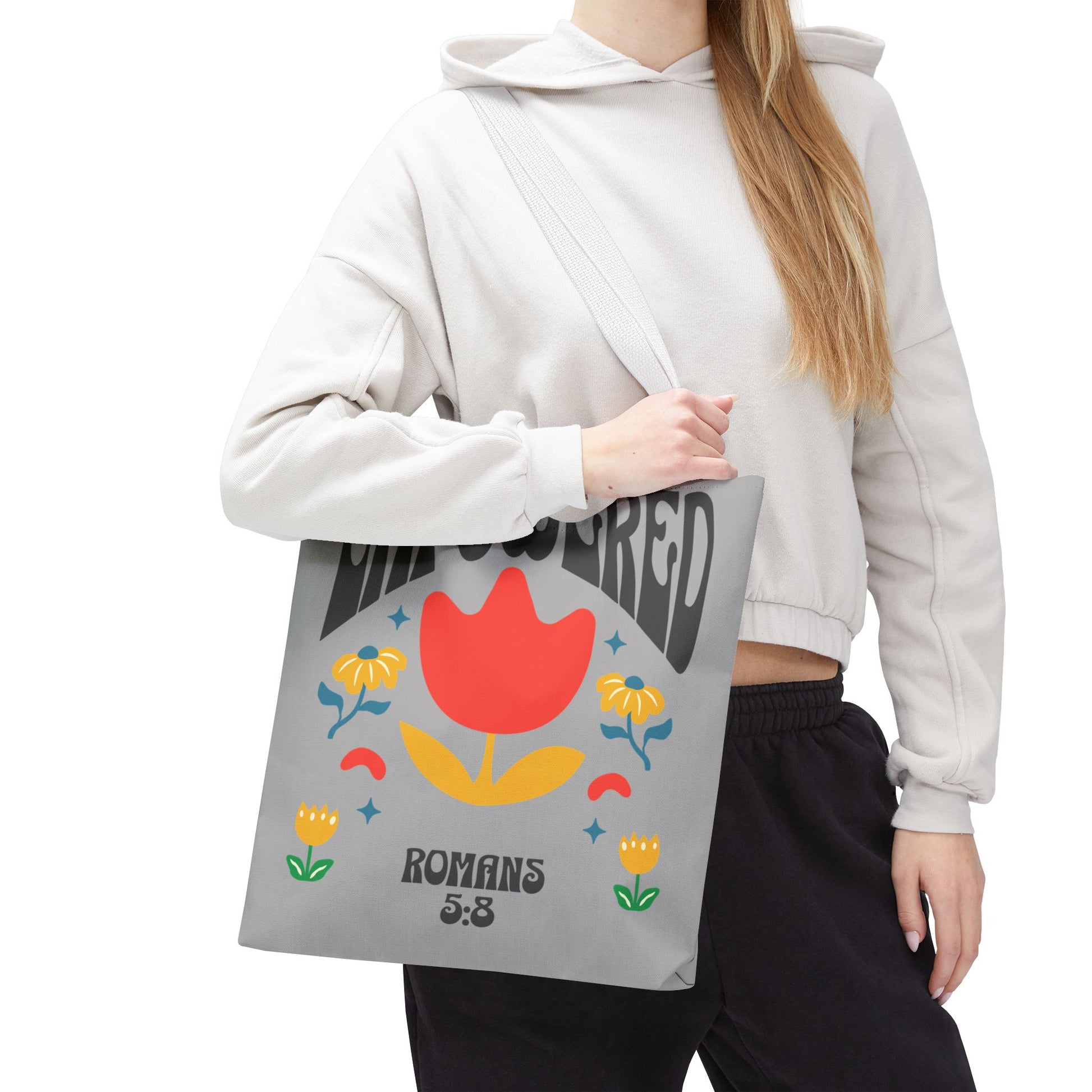 Empowered Floral Tote Bag | Inspirational Canvas Bag for Everyday | Romans 5:8 | Gift for Women, Motivational, Church, Travel