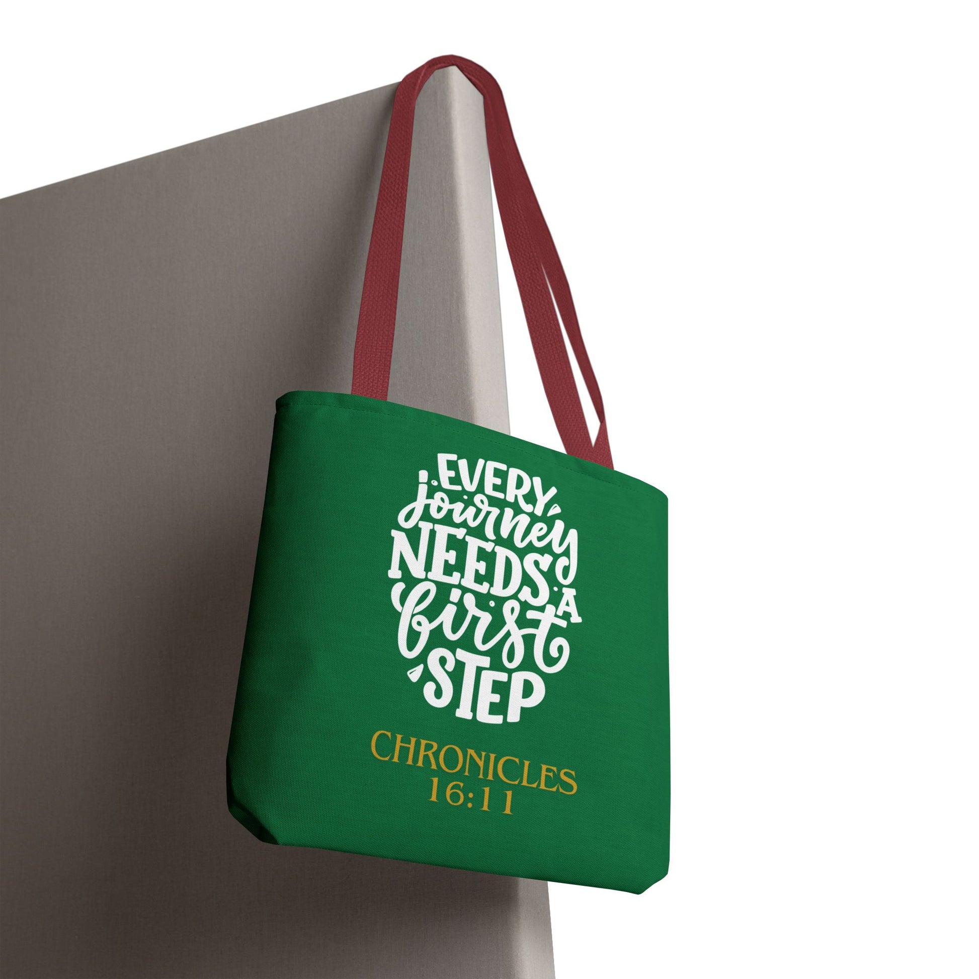 Inspirational Tote Bag - Every Journey Needs a First Step, Motivational Gift, Bible Verse, Green Tote, Everyday Use