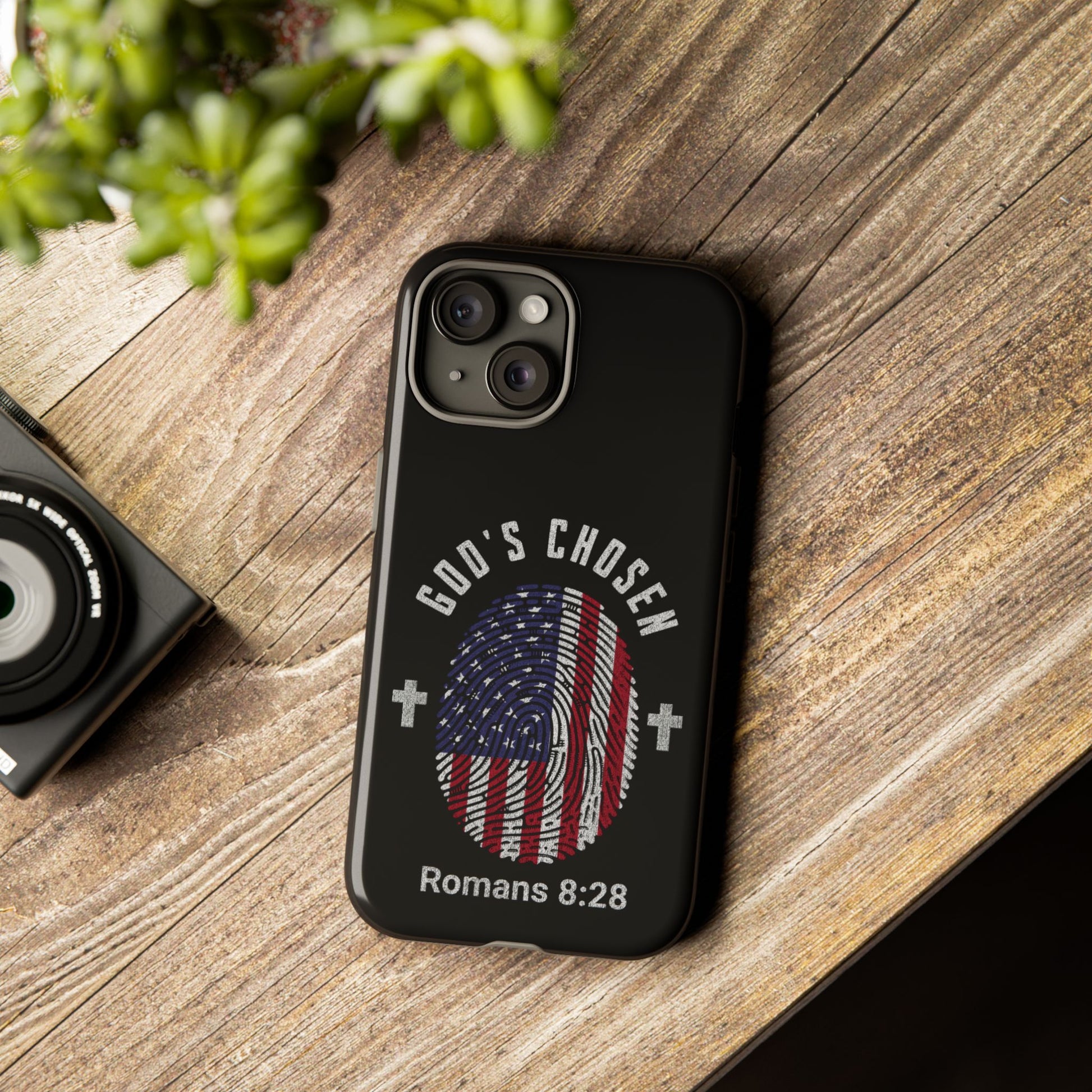 Christian Phone Case, Tough Cases for God’s Chosen, USA Flag Design, Inspirational Gift, Romans 8:28