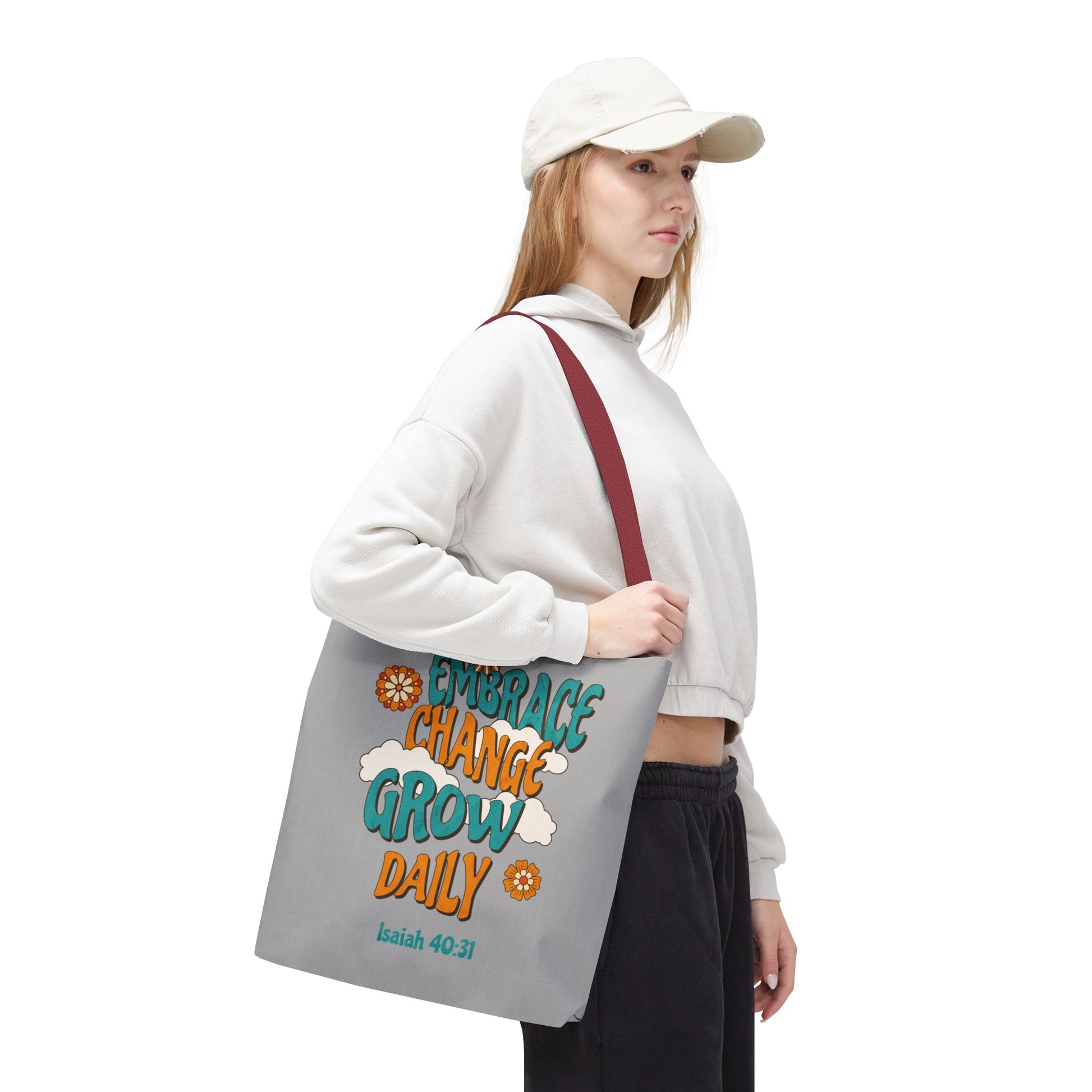 Inspirational Tote Bag, Motivational Bag, Embrace Change Gift, Daily Growth Tote, Christian Quotes Accessory