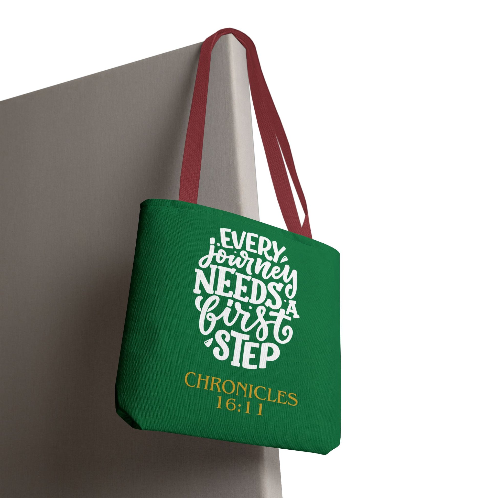 Inspirational Tote Bag - Every Journey Needs a First Step, Motivational Gift, Bible Verse, Green Tote, Everyday Use