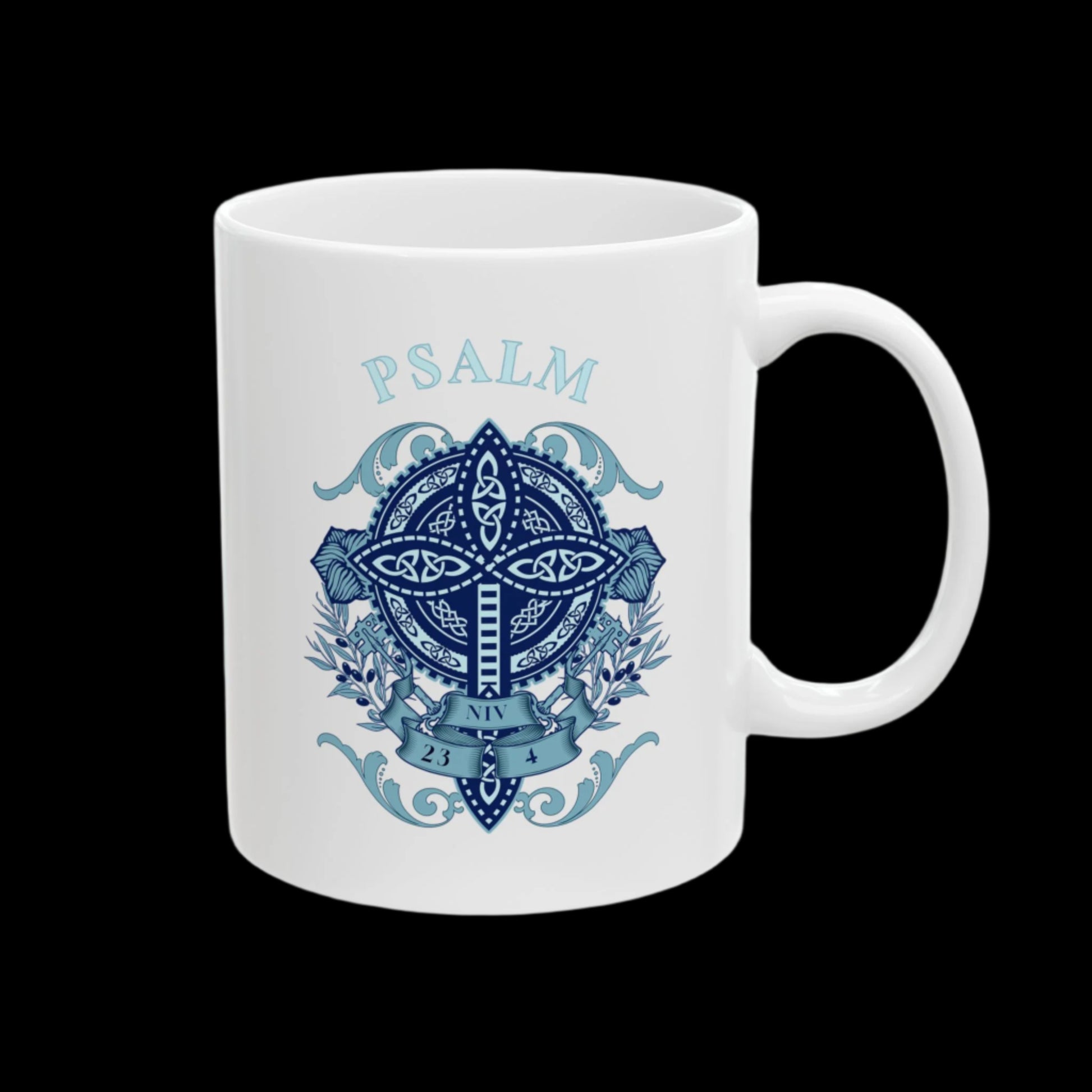 White mug with blue decorative design and 'Psalm' text on a white background