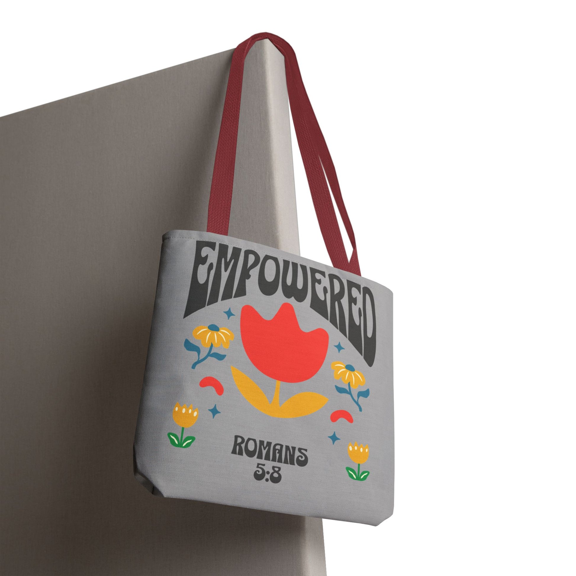 Empowered Floral Tote Bag | Inspirational Canvas Bag for Everyday | Romans 5:8 | Gift for Women, Motivational, Church, Travel
