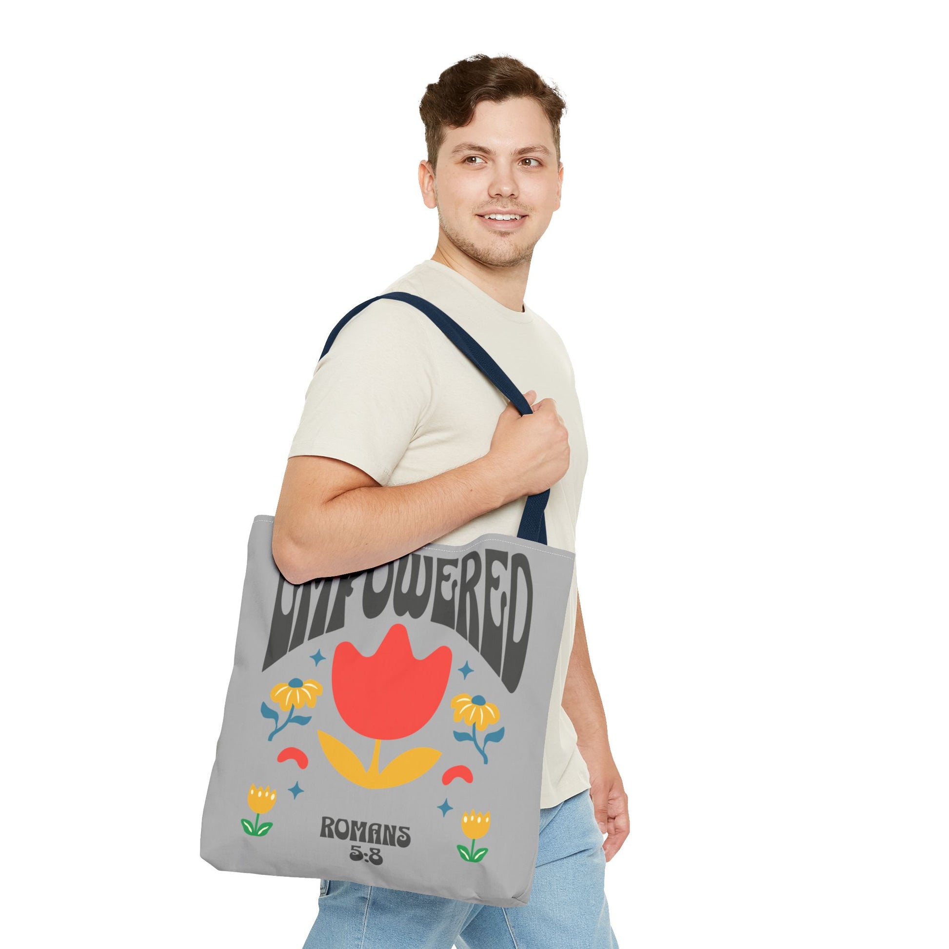 Empowered Floral Tote Bag | Inspirational Canvas Bag for Everyday | Romans 5:8 | Gift for Women, Motivational, Church, Travel
