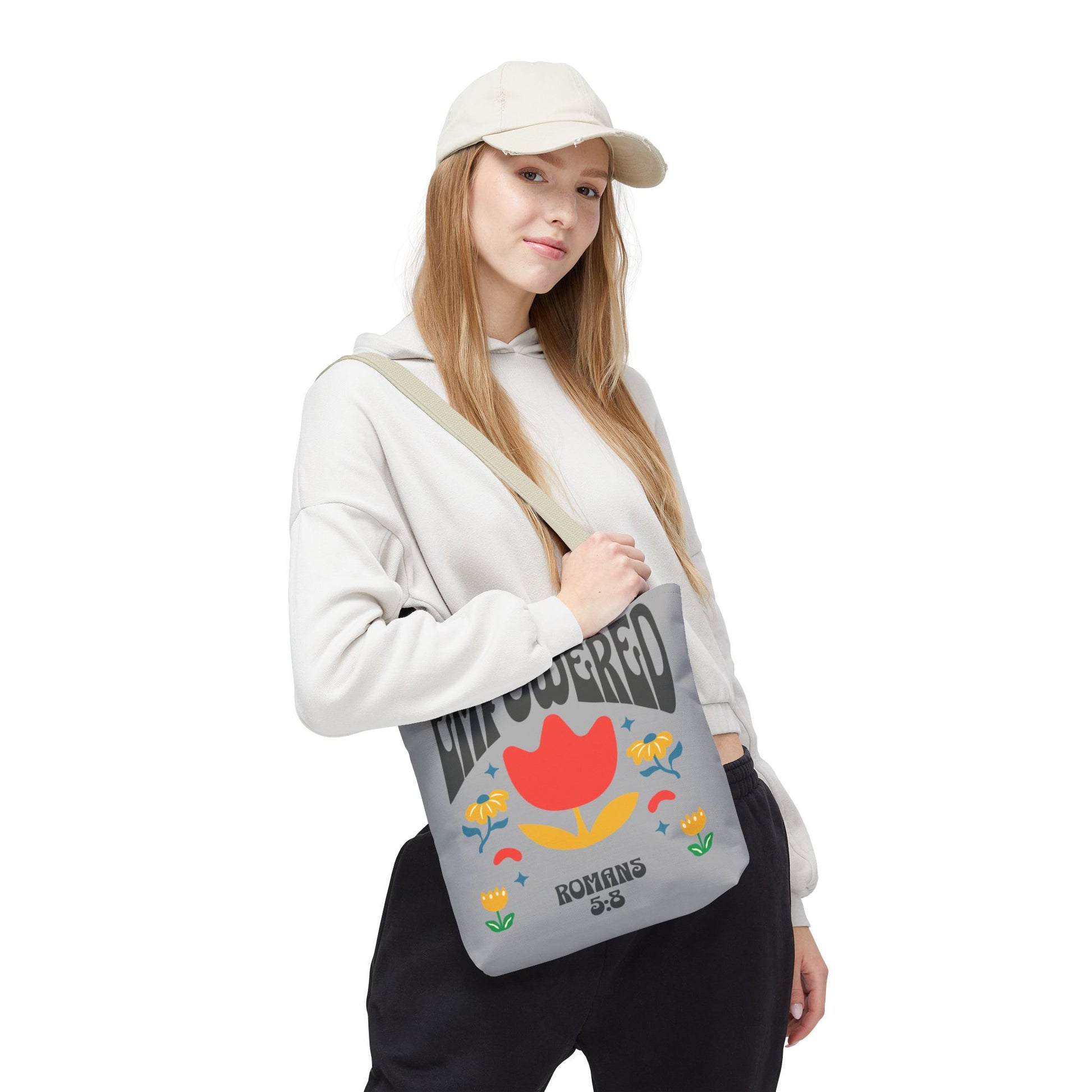 Empowered Floral Tote Bag | Inspirational Canvas Bag for Everyday | Romans 5:8 | Gift for Women, Motivational, Church, Travel
