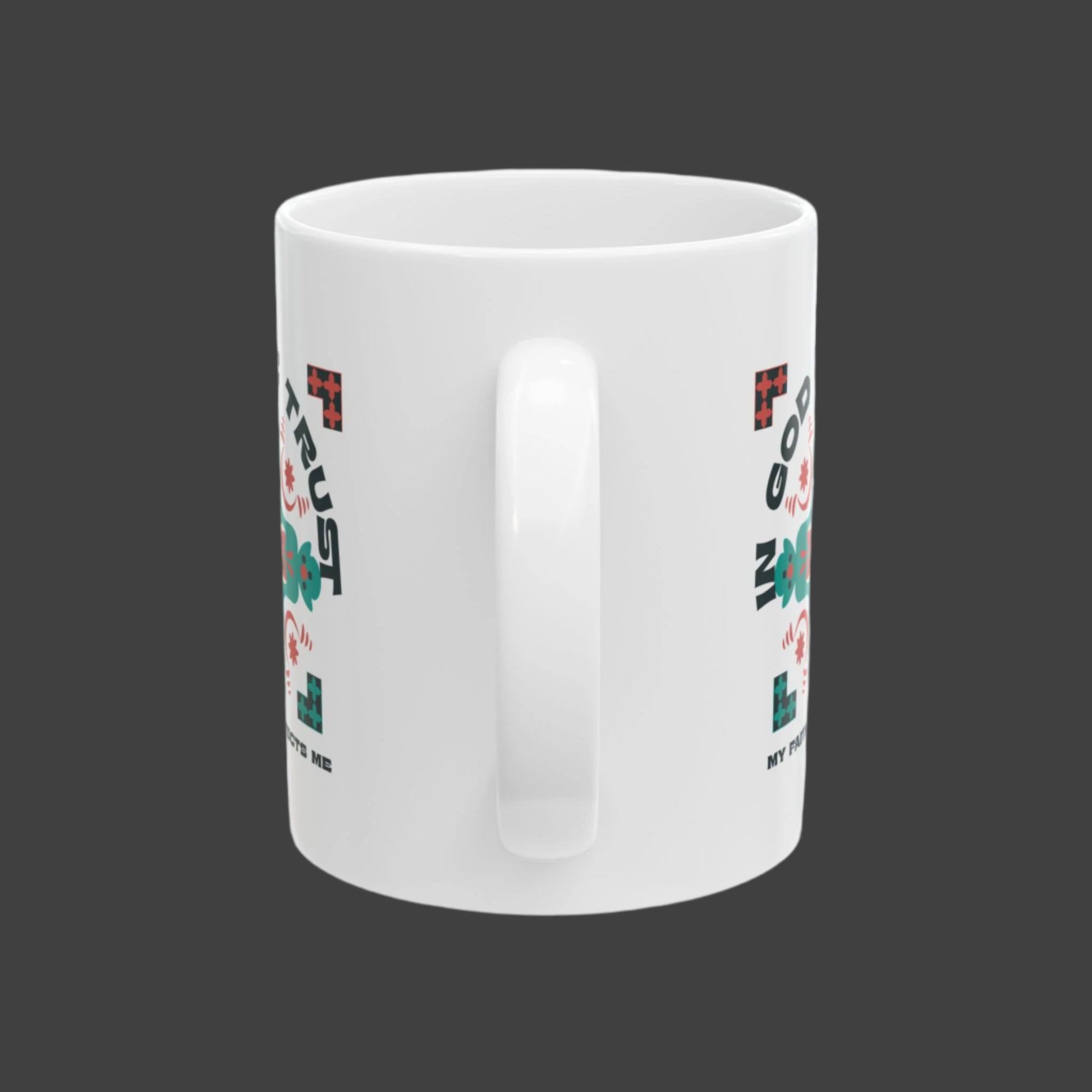 White mug with colorful text and graphics on a white background