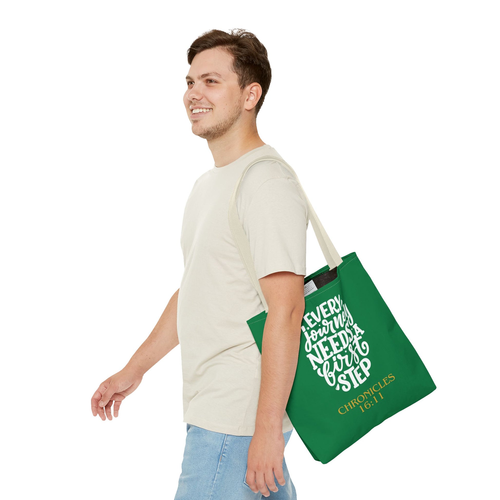 Inspirational Tote Bag - Every Journey Needs a First Step, Motivational Gift, Bible Verse, Green Tote, Everyday Use