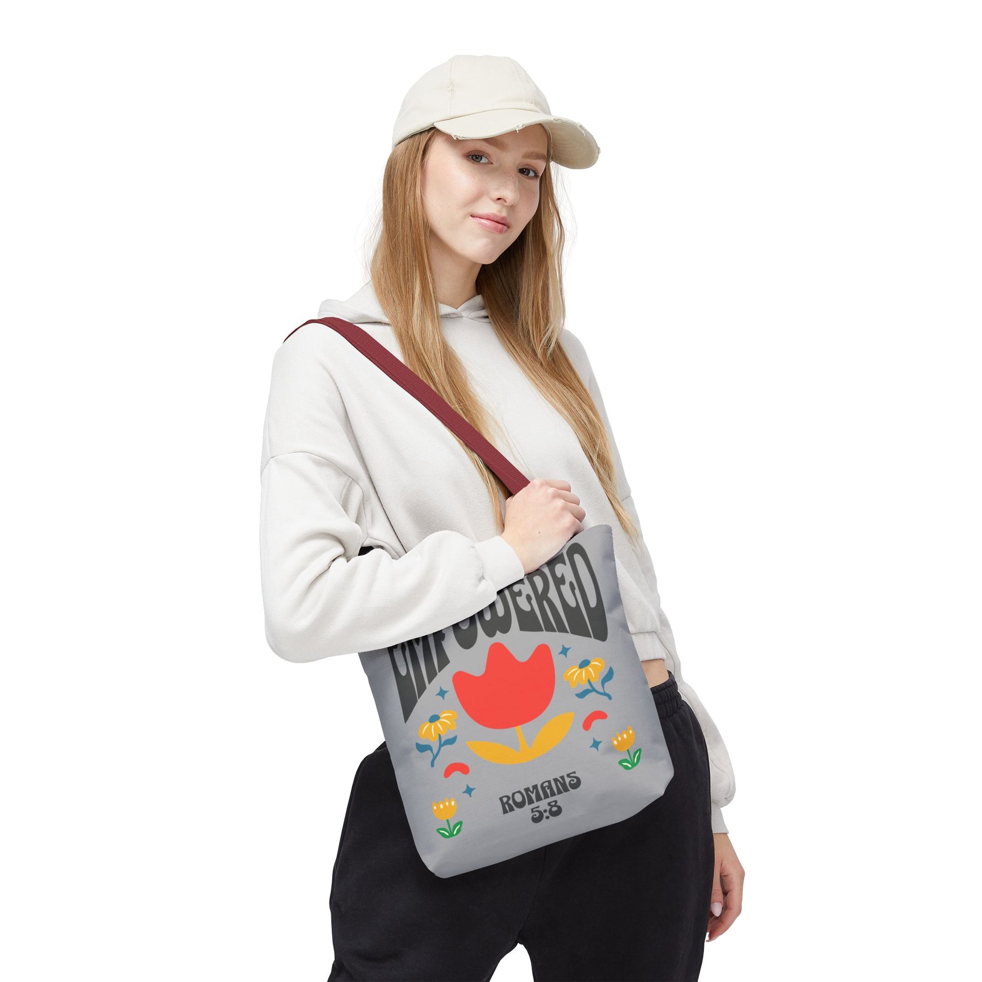 Empowered Floral Tote Bag | Inspirational Canvas Bag for Everyday | Romans 5:8 | Gift for Women, Motivational, Church, Travel