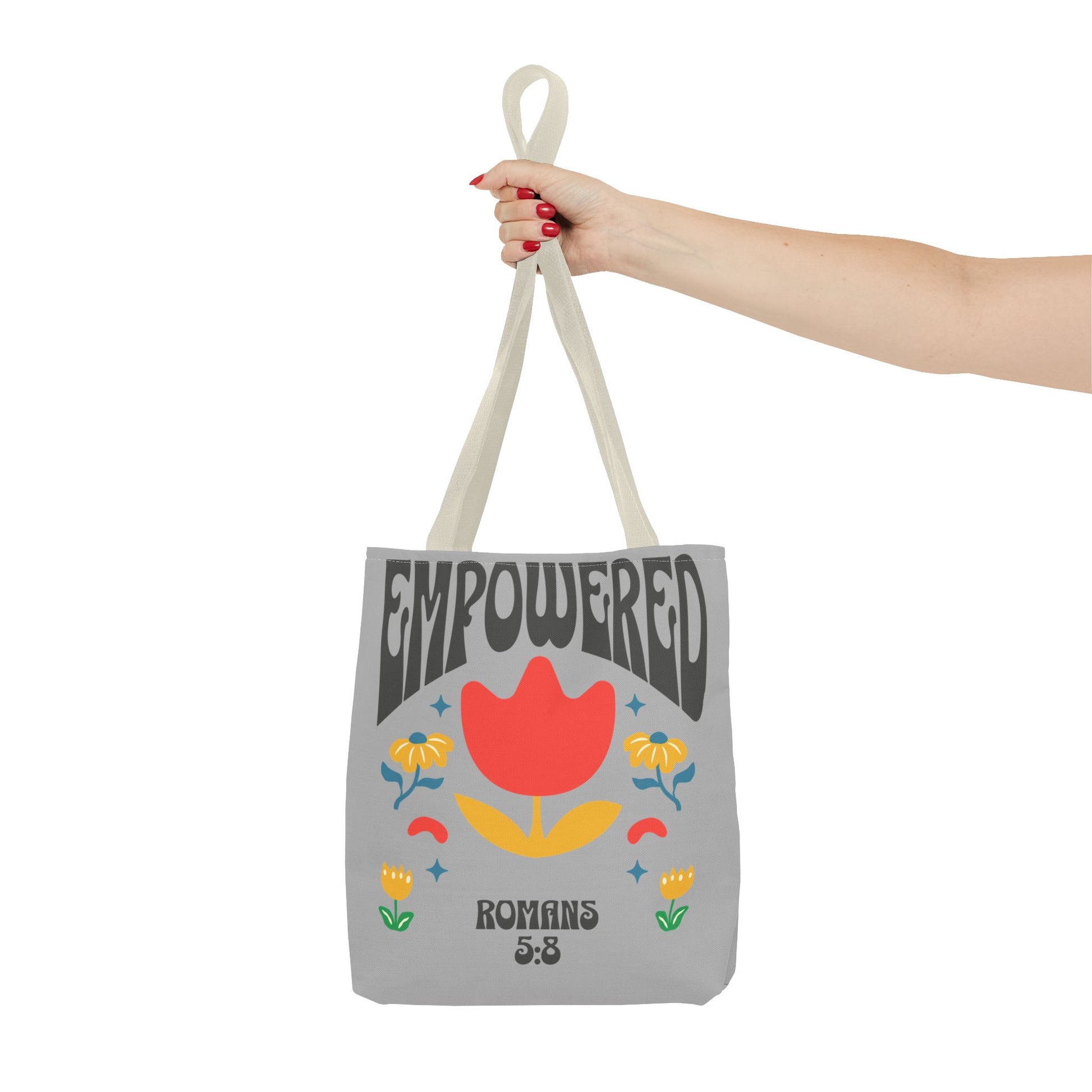Empowered Floral Tote Bag | Inspirational Canvas Bag for Everyday | Romans 5:8 | Gift for Women, Motivational, Church, Travel