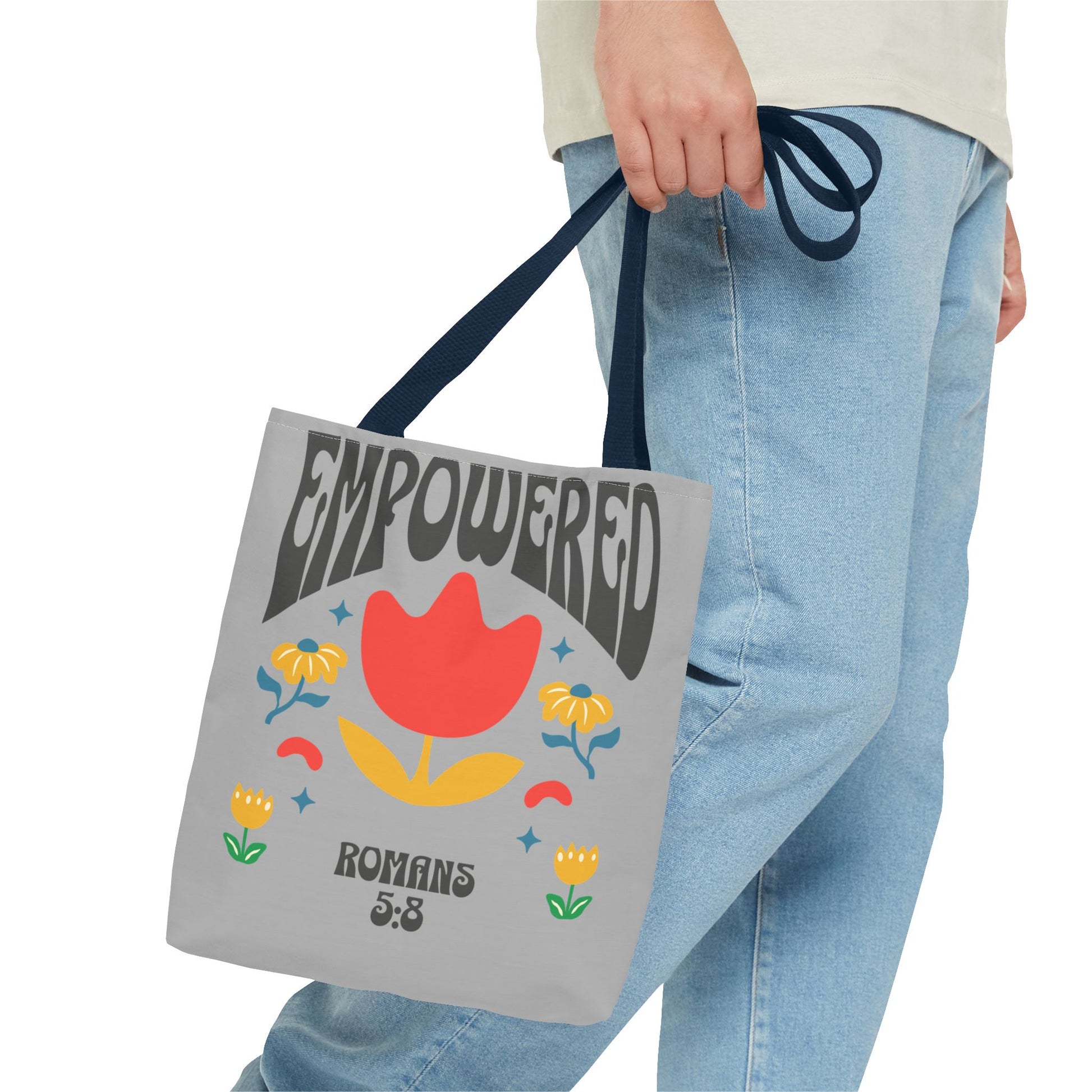 Empowered Floral Tote Bag | Inspirational Canvas Bag for Everyday | Romans 5:8 | Gift for Women, Motivational, Church, Travel