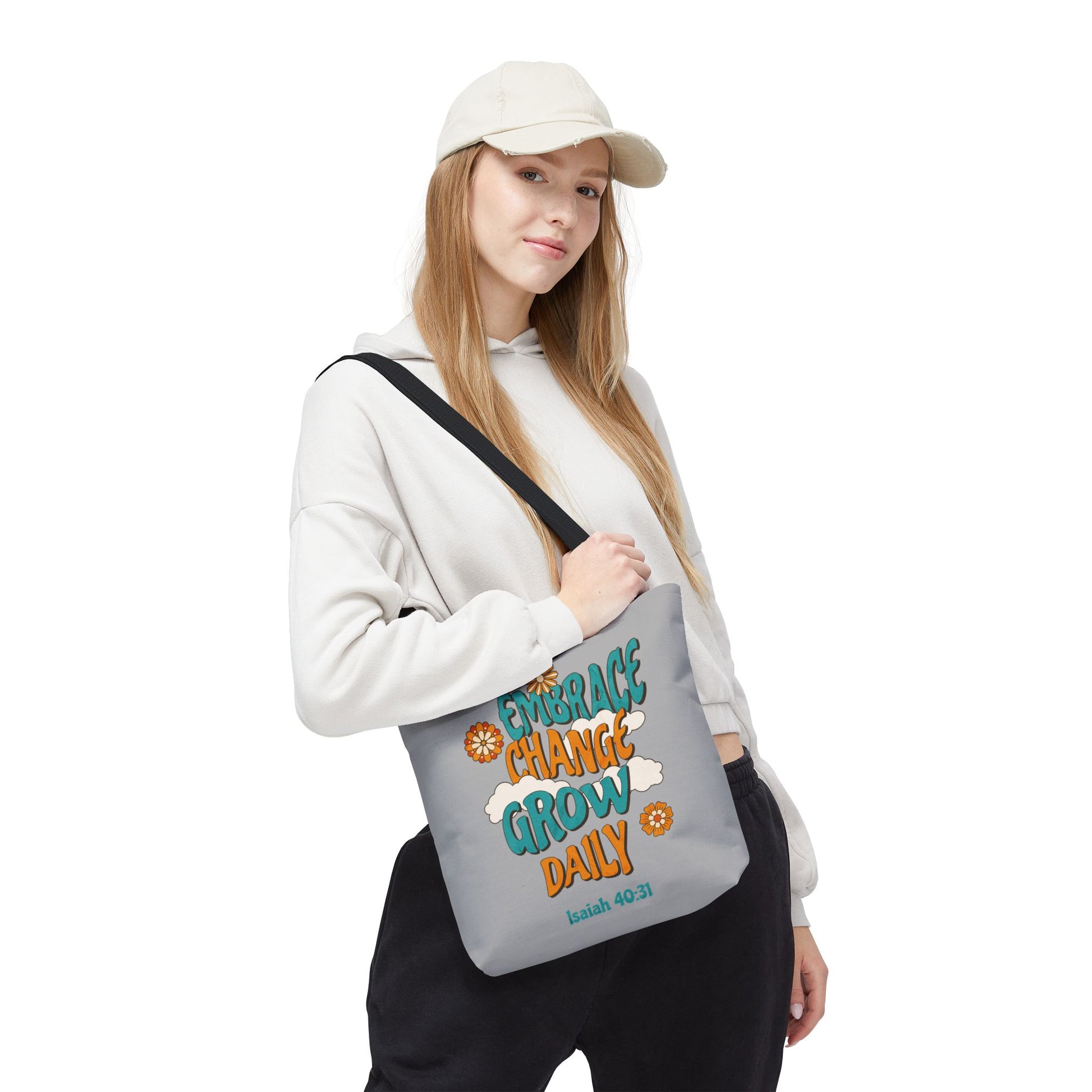 Inspirational Tote Bag, Motivational Bag, Embrace Change Gift, Daily Growth Tote, Christian Quotes Accessory