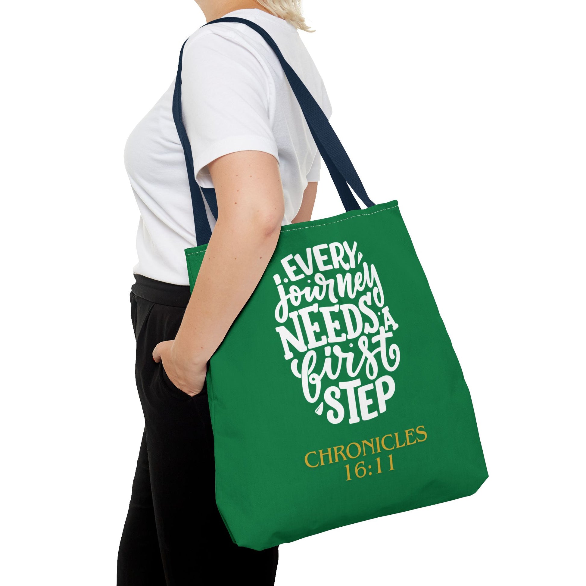 Inspirational Tote Bag - Every Journey Needs a First Step, Motivational Gift, Bible Verse, Green Tote, Everyday Use
