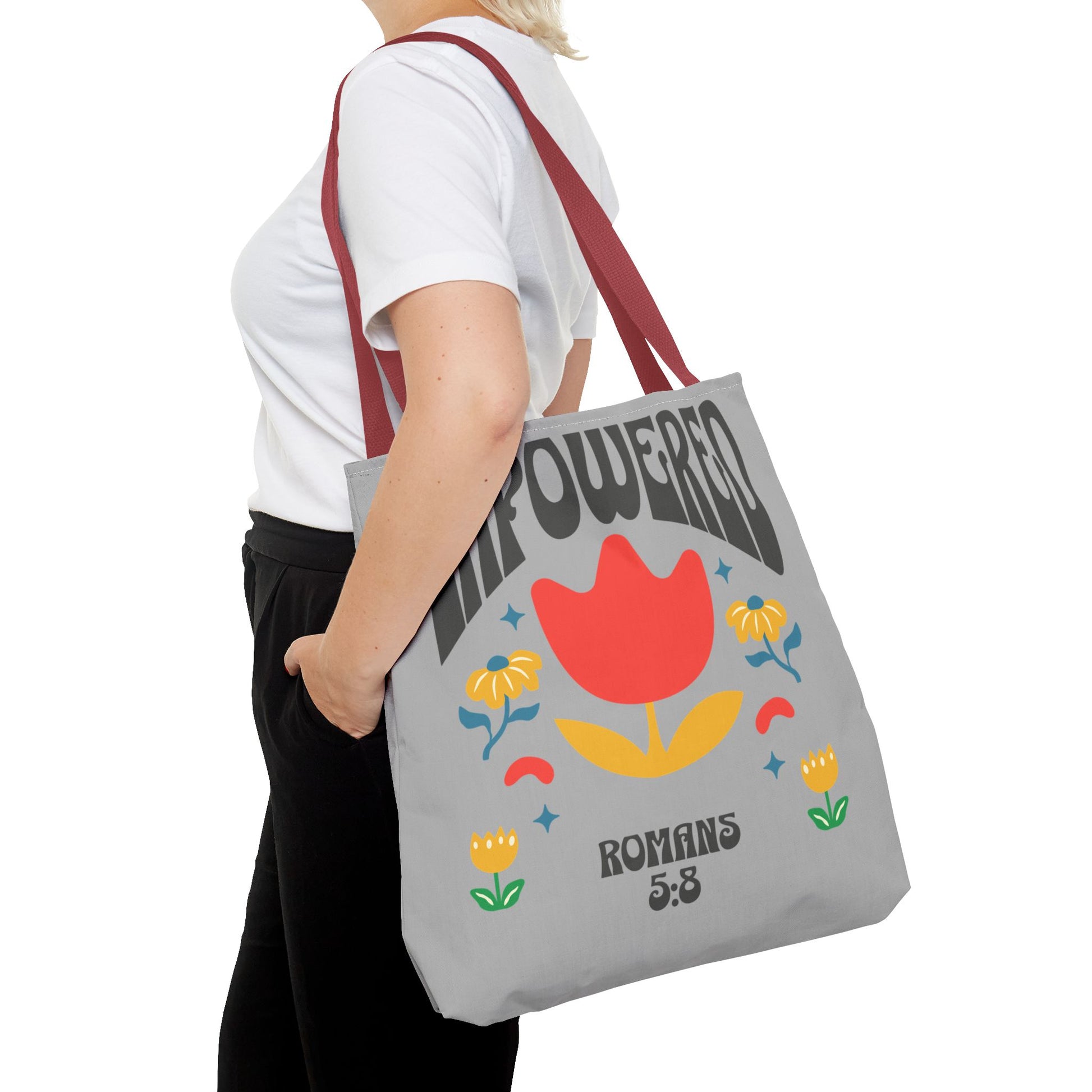 Empowered Floral Tote Bag | Inspirational Canvas Bag for Everyday | Romans 5:8 | Gift for Women, Motivational, Church, Travel