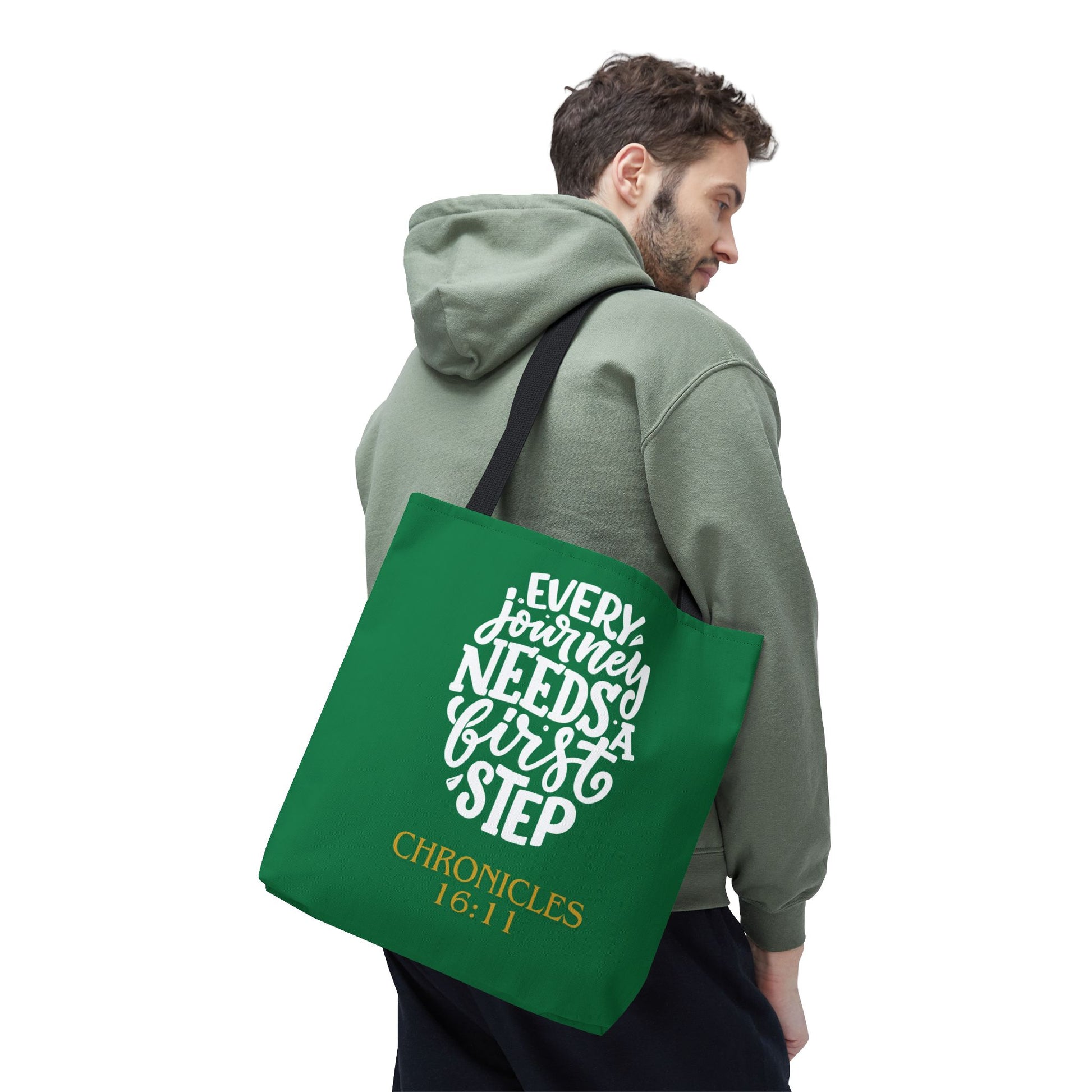 Inspirational Tote Bag - Every Journey Needs a First Step, Motivational Gift, Bible Verse, Green Tote, Everyday Use