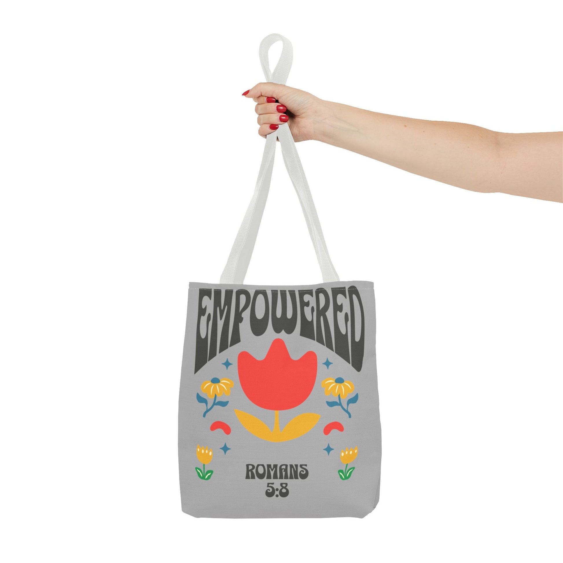 Empowered Floral Tote Bag | Inspirational Canvas Bag for Everyday | Romans 5:8 | Gift for Women, Motivational, Church, Travel