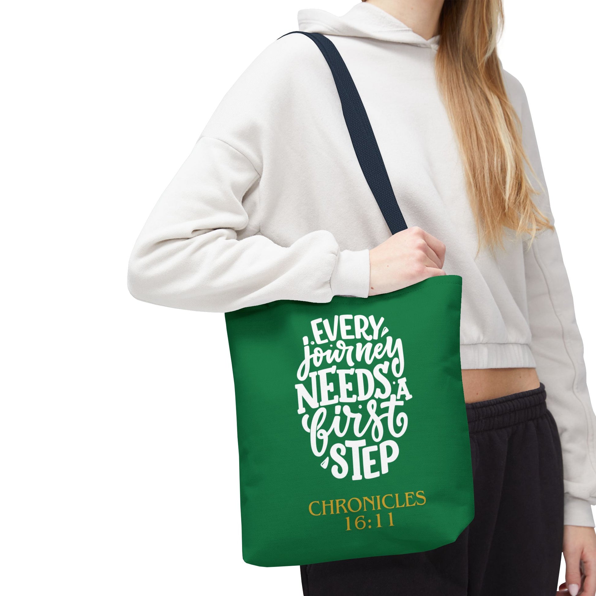 Inspirational Tote Bag - Every Journey Needs a First Step, Motivational Gift, Bible Verse, Green Tote, Everyday Use