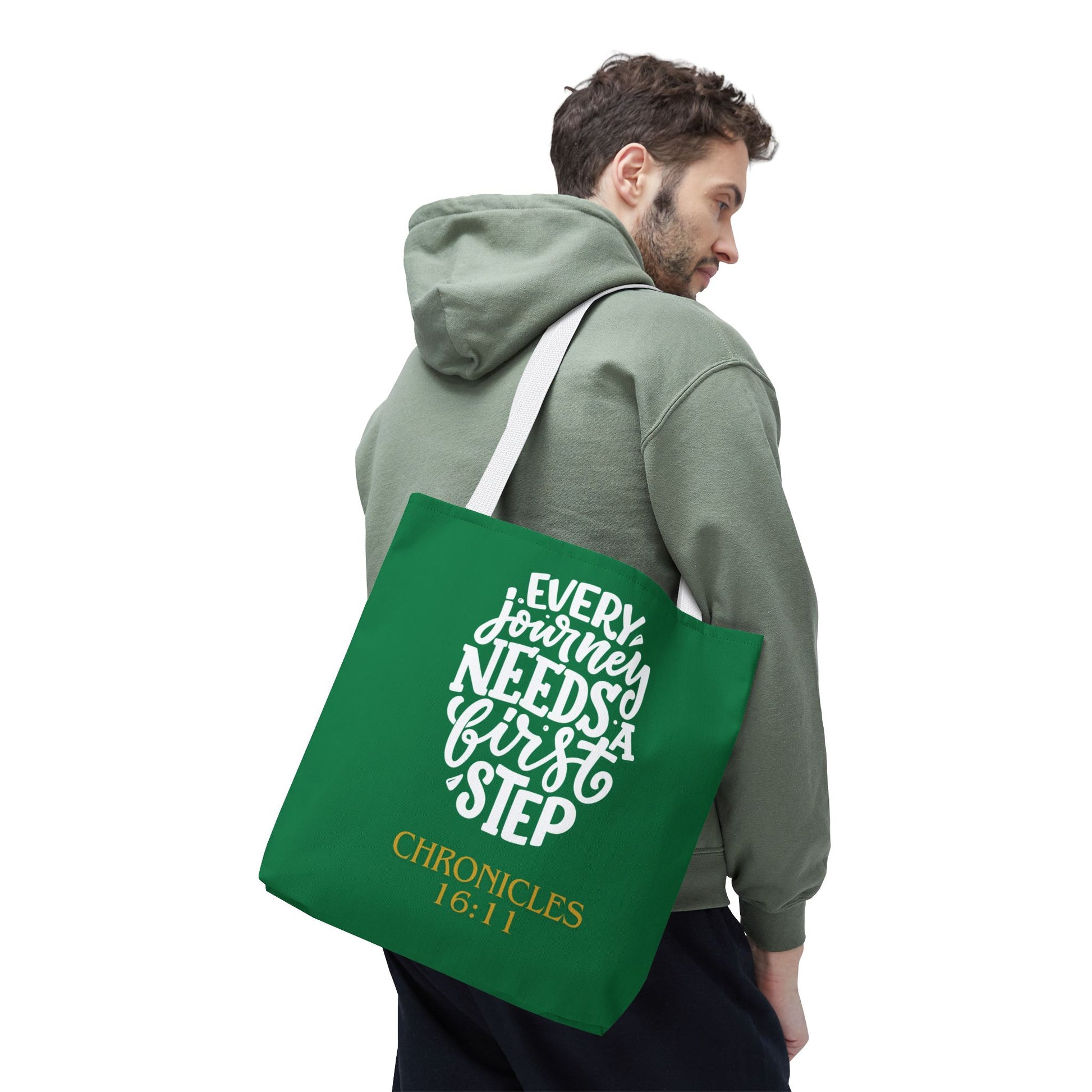 Inspirational Tote Bag - Every Journey Needs a First Step, Motivational Gift, Bible Verse, Green Tote, Everyday Use