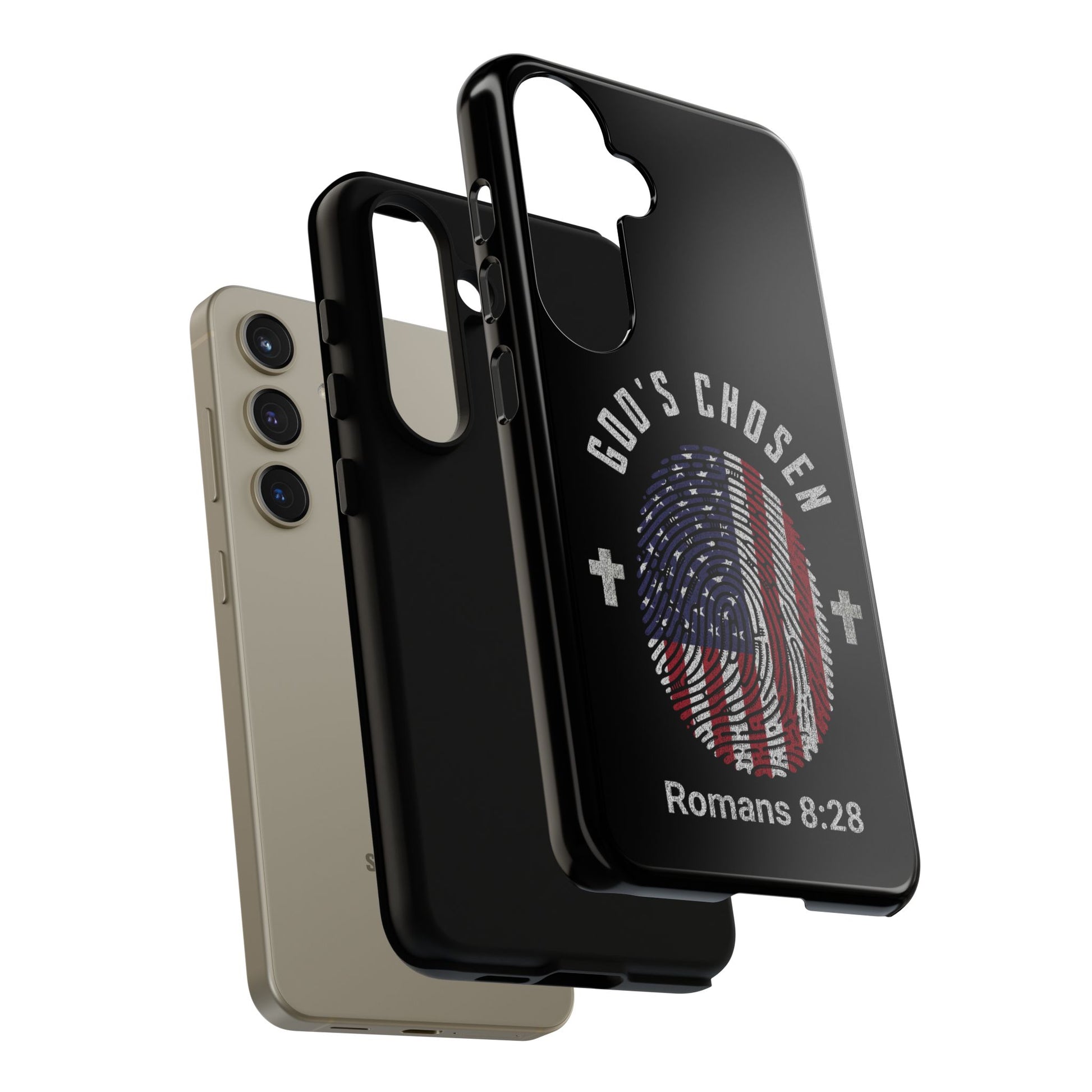 Christian Phone Case, Tough Cases for God’s Chosen, USA Flag Design, Inspirational Gift, Romans 8:28