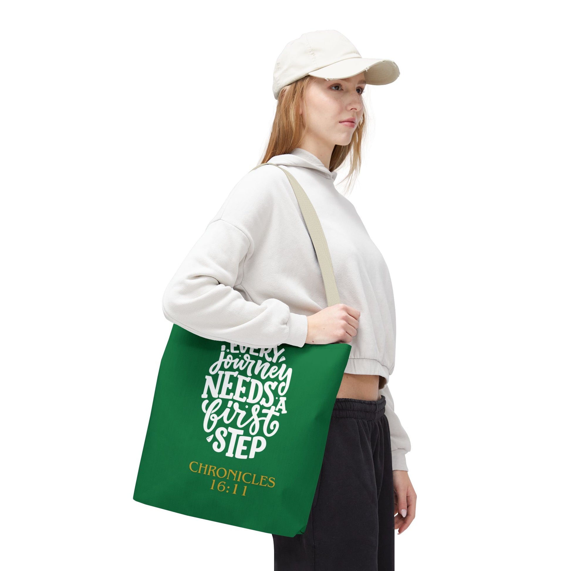 Inspirational Tote Bag - Every Journey Needs a First Step, Motivational Gift, Bible Verse, Green Tote, Everyday Use