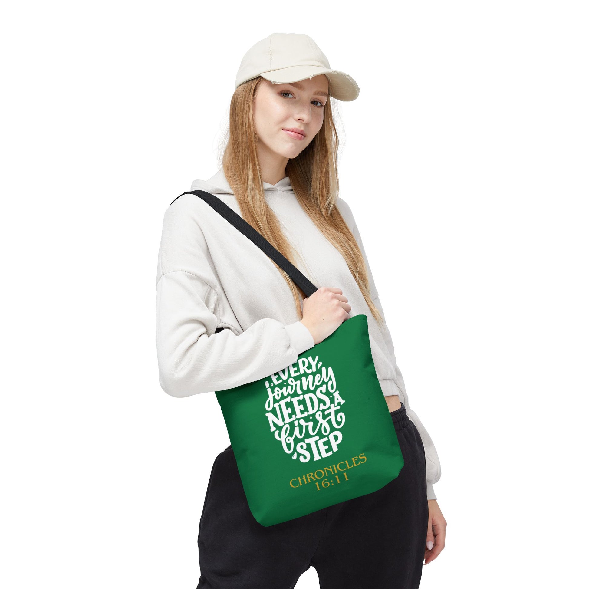 Inspirational Tote Bag - Every Journey Needs a First Step, Motivational Gift, Bible Verse, Green Tote, Everyday Use