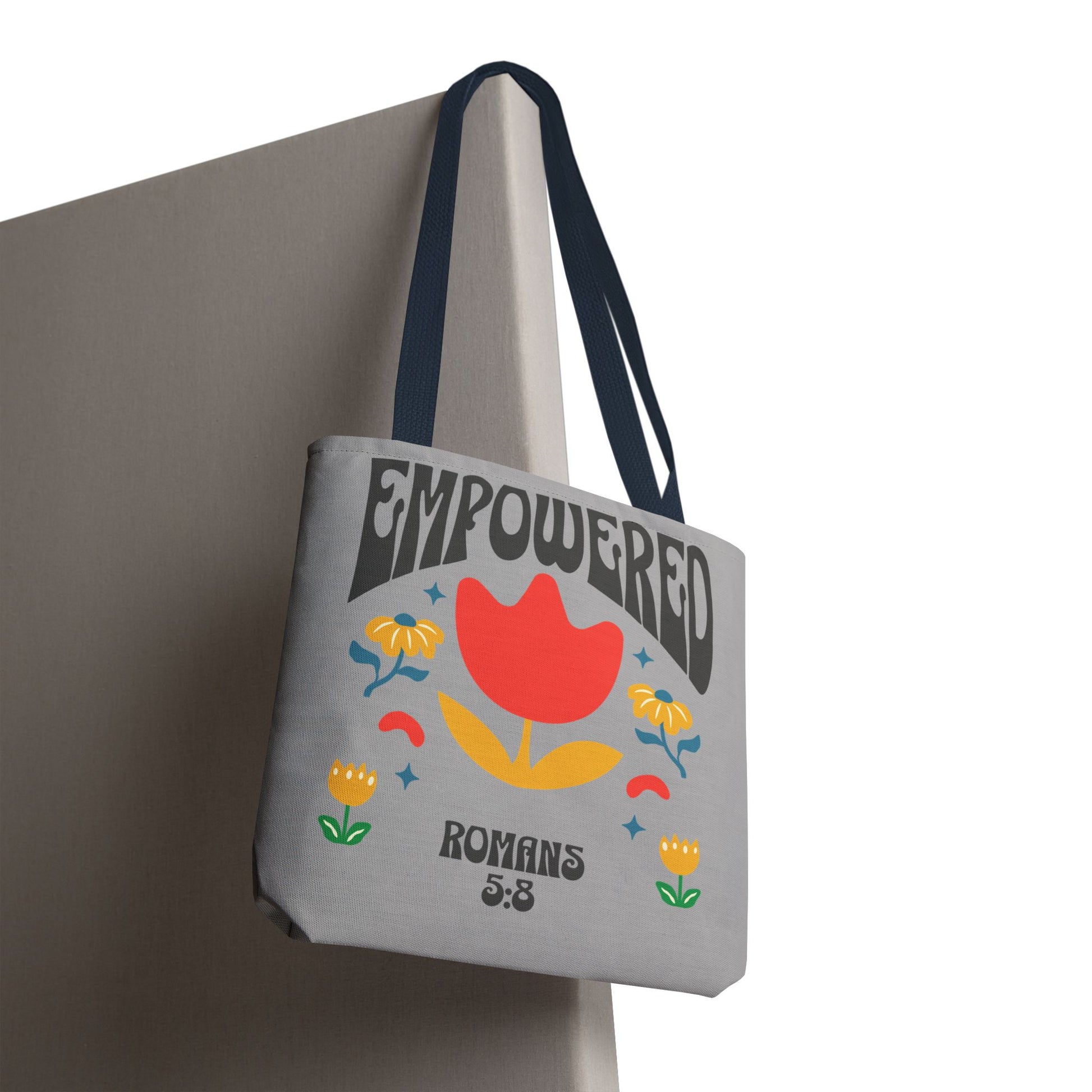 Empowered Floral Tote Bag | Inspirational Canvas Bag for Everyday | Romans 5:8 | Gift for Women, Motivational, Church, Travel