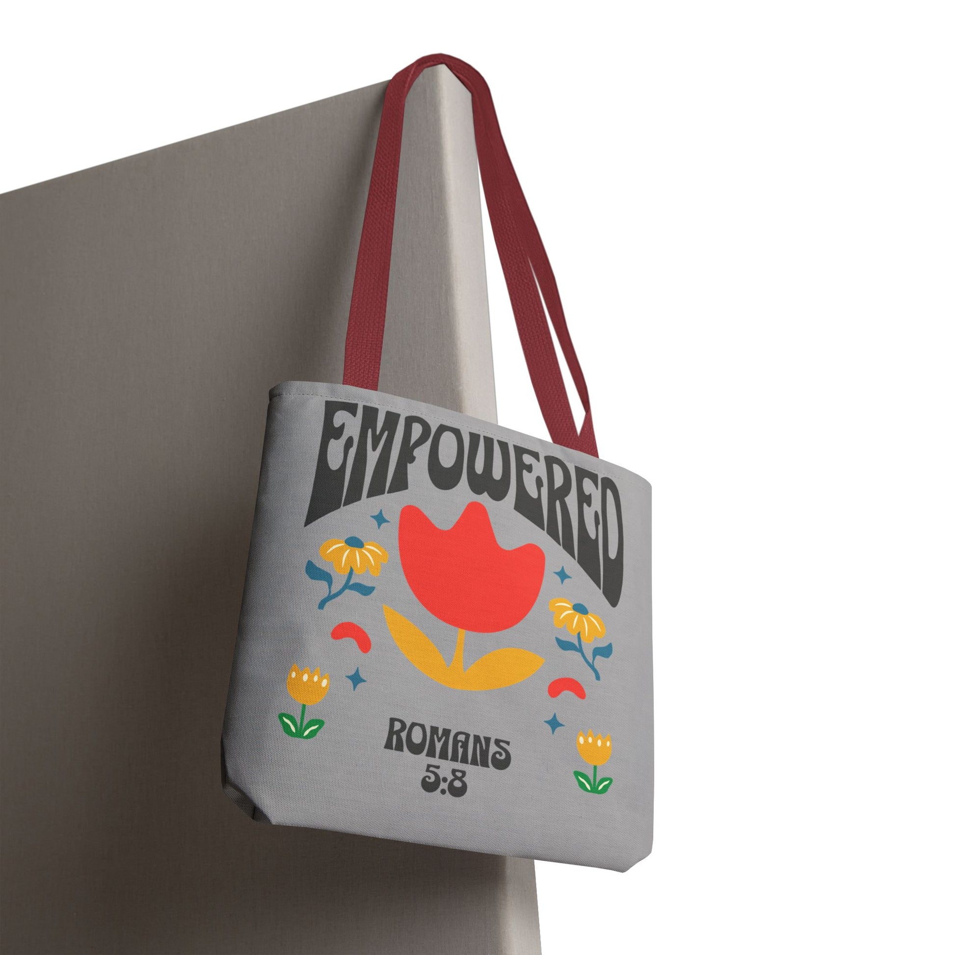 Empowered Floral Tote Bag | Inspirational Canvas Bag for Everyday | Romans 5:8 | Gift for Women, Motivational, Church, Travel