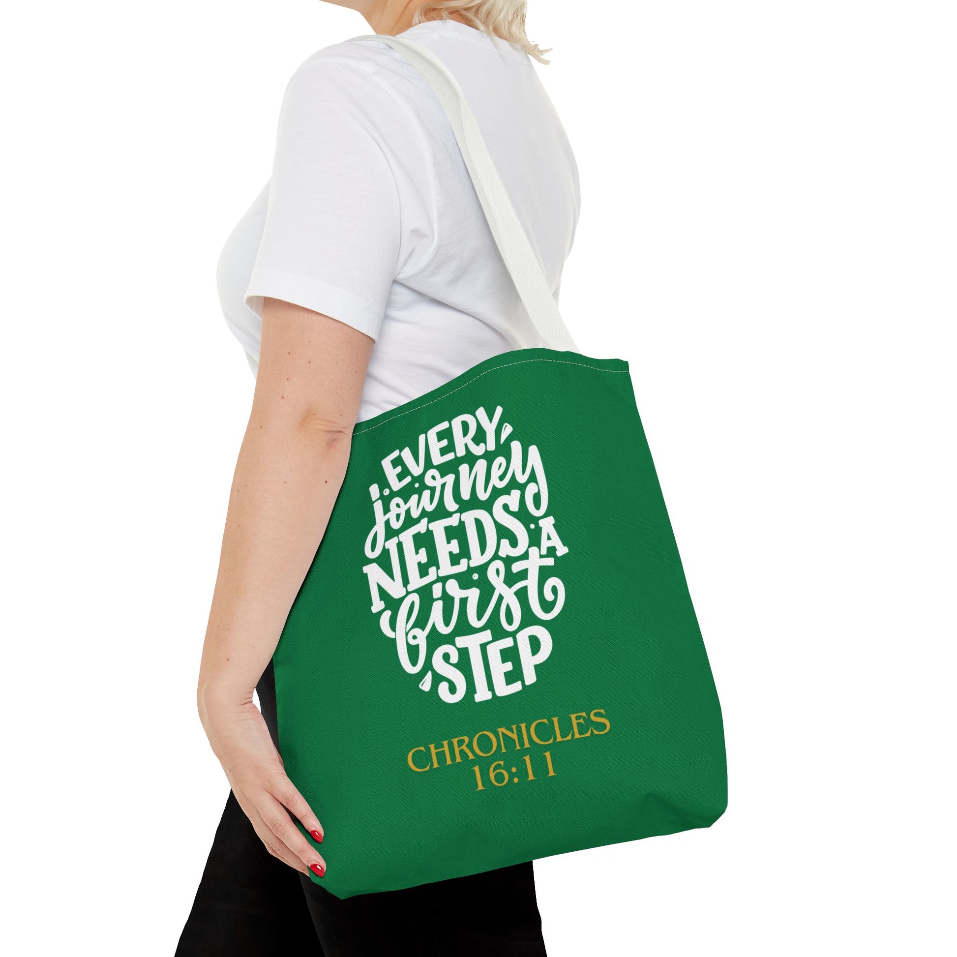 Inspirational Tote Bag - Every Journey Needs a First Step, Motivational Gift, Bible Verse, Green Tote, Everyday Use