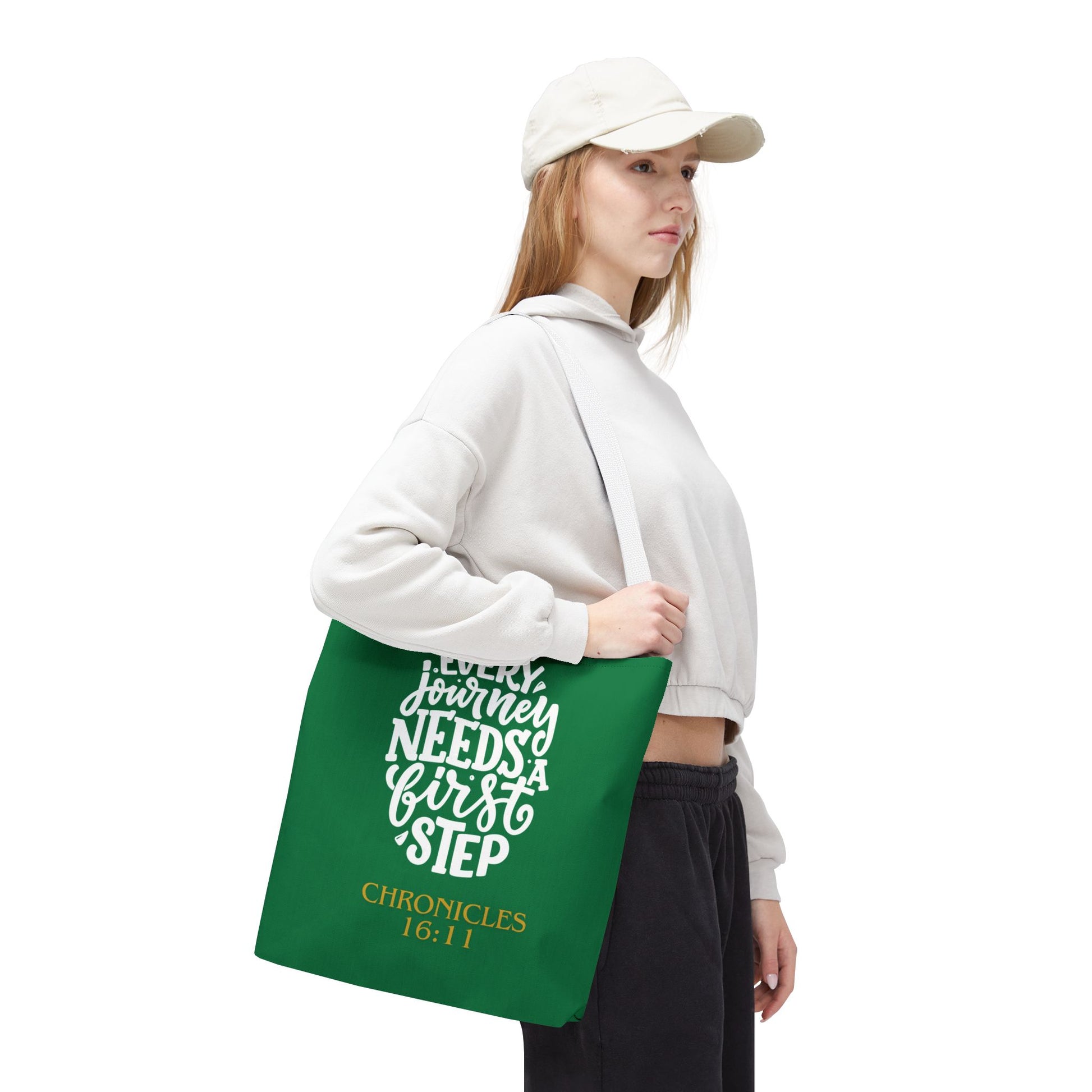Inspirational Tote Bag - Every Journey Needs a First Step, Motivational Gift, Bible Verse, Green Tote, Everyday Use