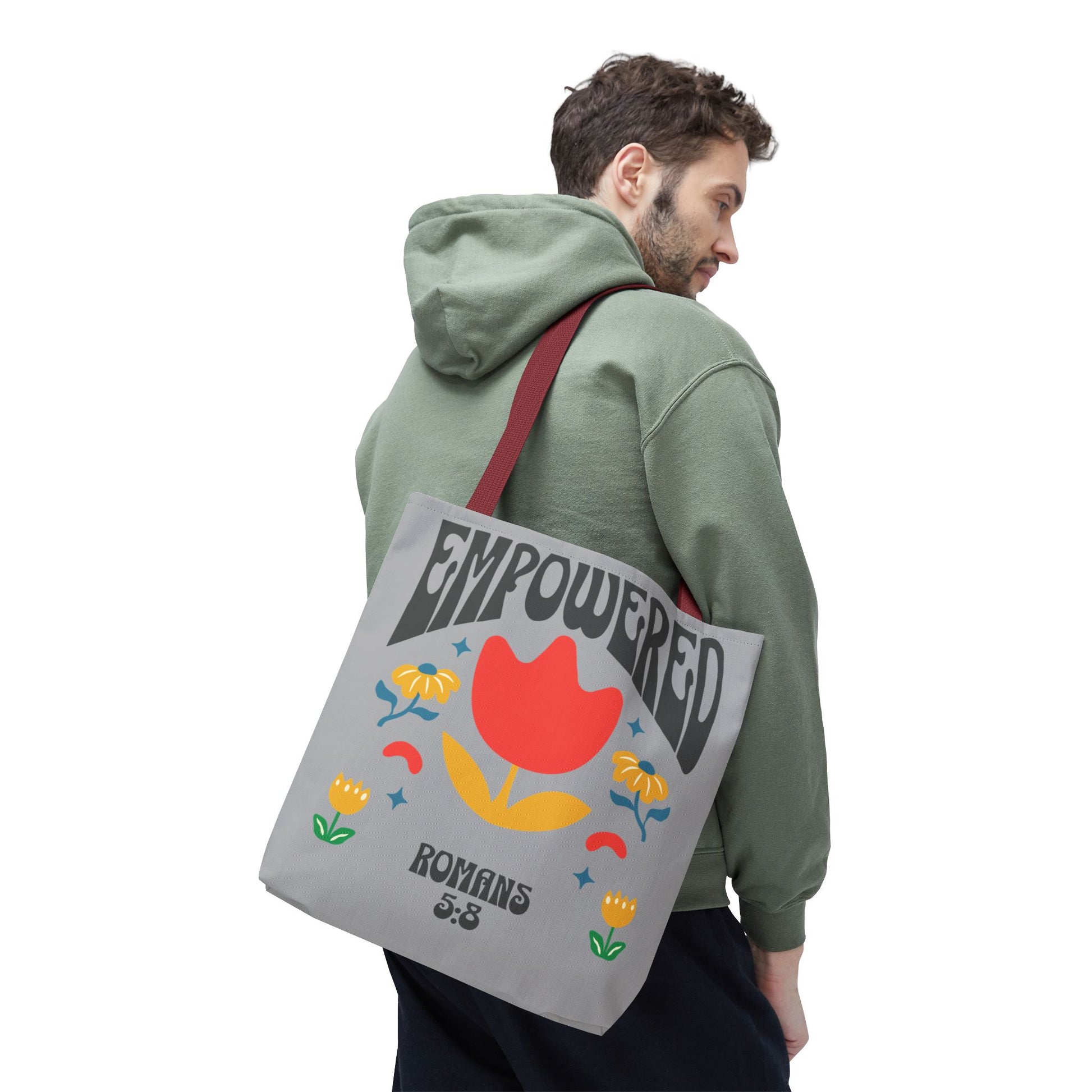 Empowered Floral Tote Bag | Inspirational Canvas Bag for Everyday | Romans 5:8 | Gift for Women, Motivational, Church, Travel