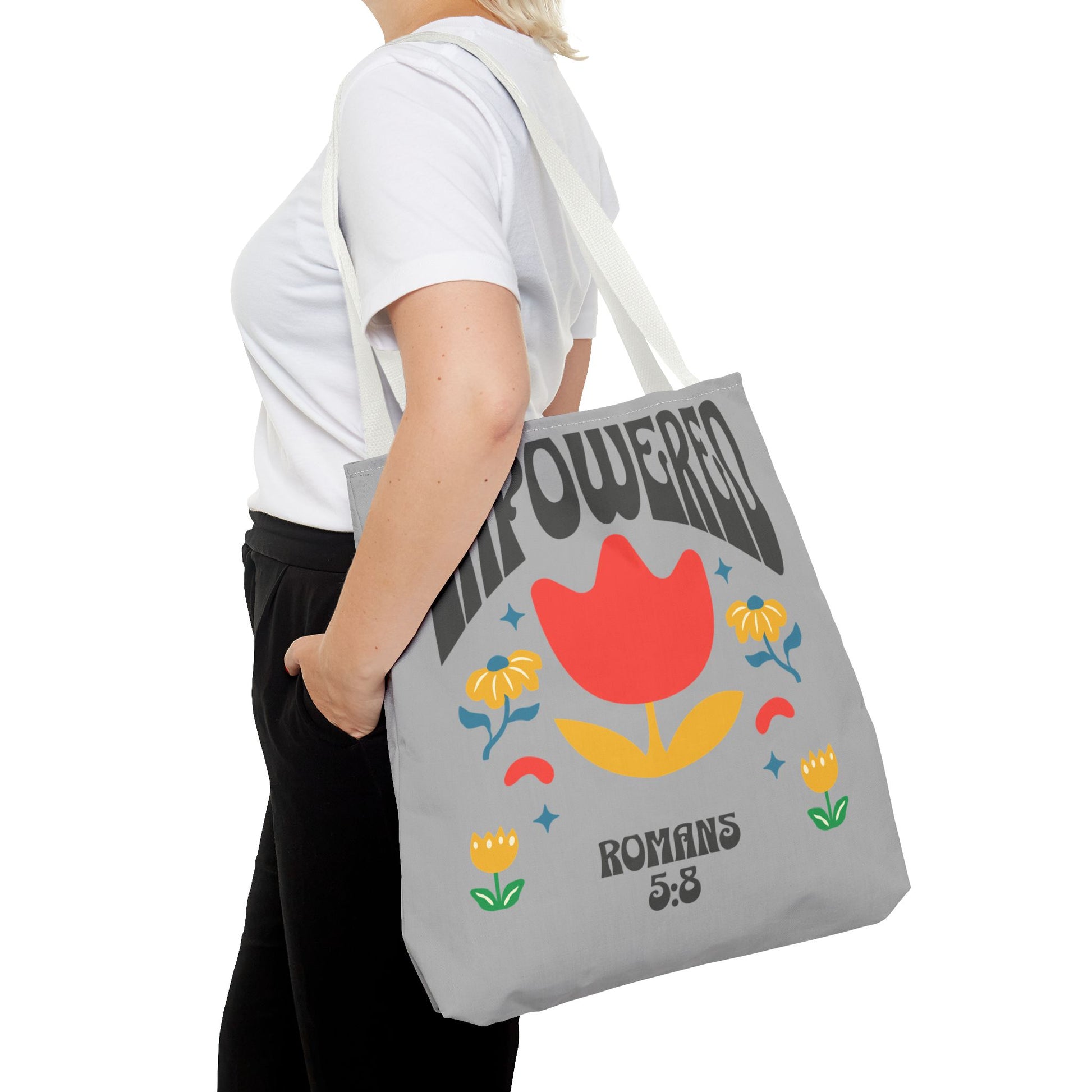 Empowered Floral Tote Bag | Inspirational Canvas Bag for Everyday | Romans 5:8 | Gift for Women, Motivational, Church, Travel