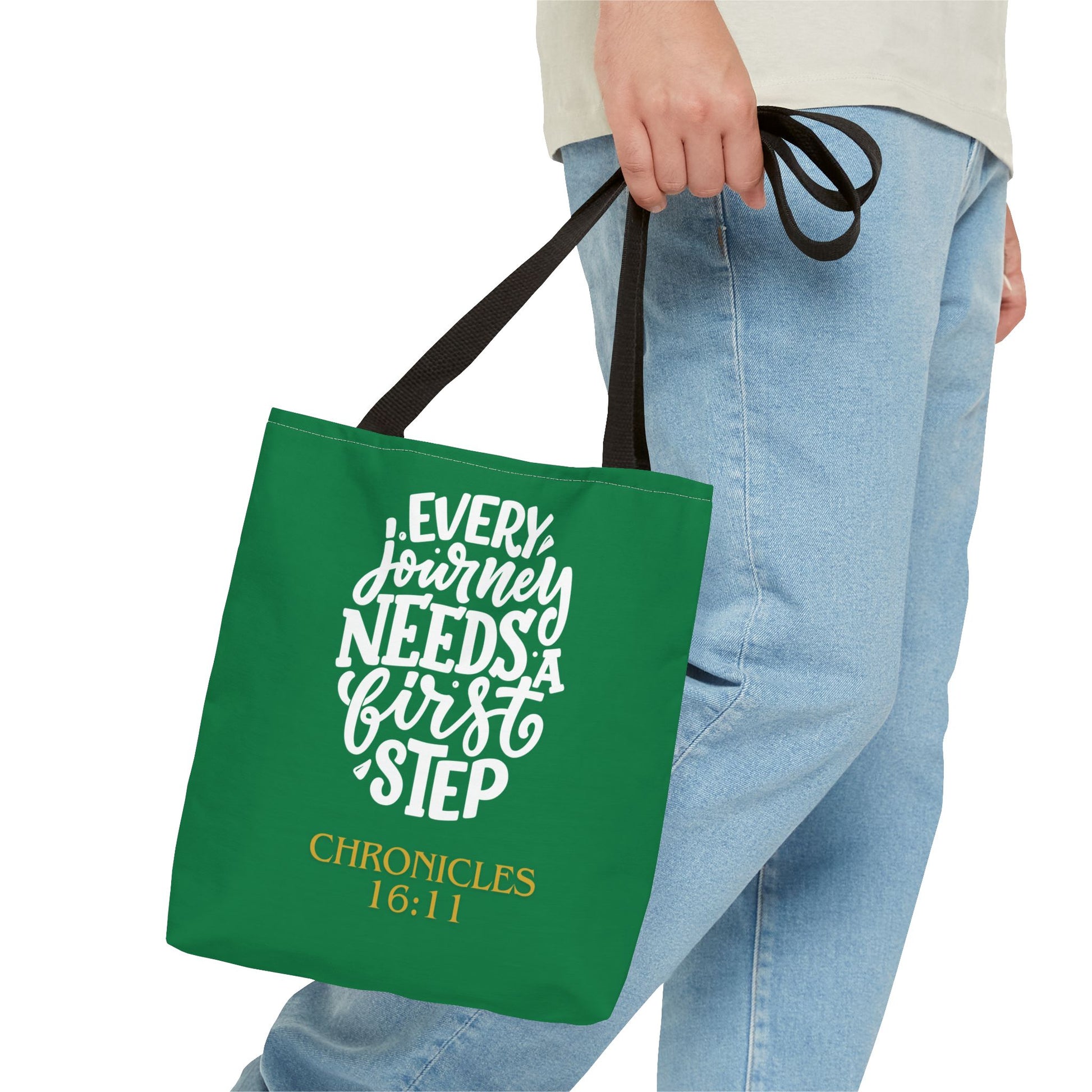 Inspirational Tote Bag - Every Journey Needs a First Step, Motivational Gift, Bible Verse, Green Tote, Everyday Use