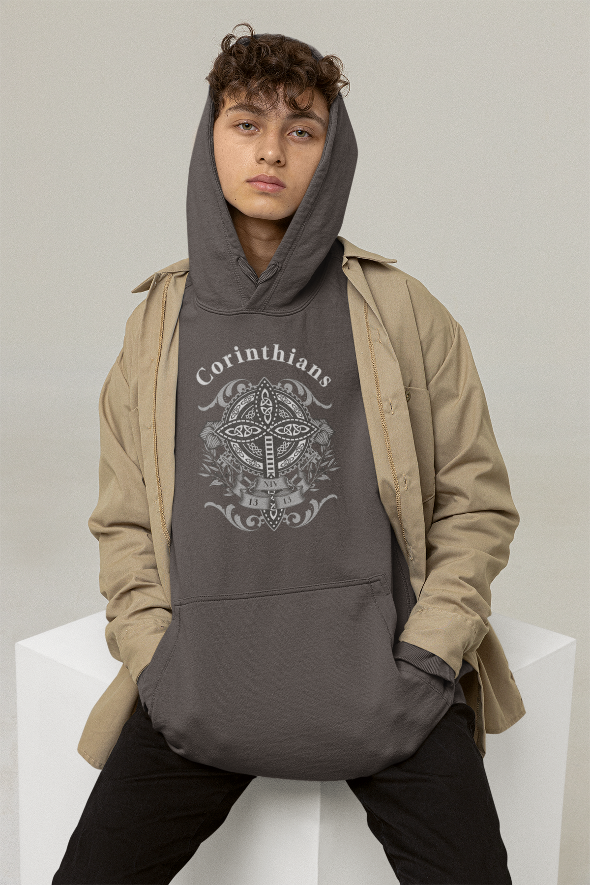 ✝️ Corinthians Celtic Cross Hoodie – Faith, Strength & Heritage