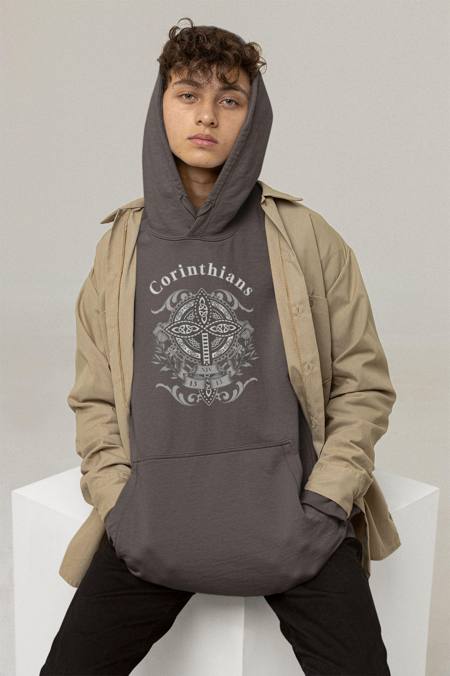 ✝️ Corinthians Celtic Cross Hoodie – Faith, Strength & Heritage