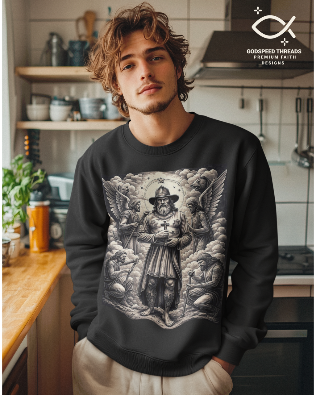Person wearing a black sweatshirt with a graphic design in a kitchen setting